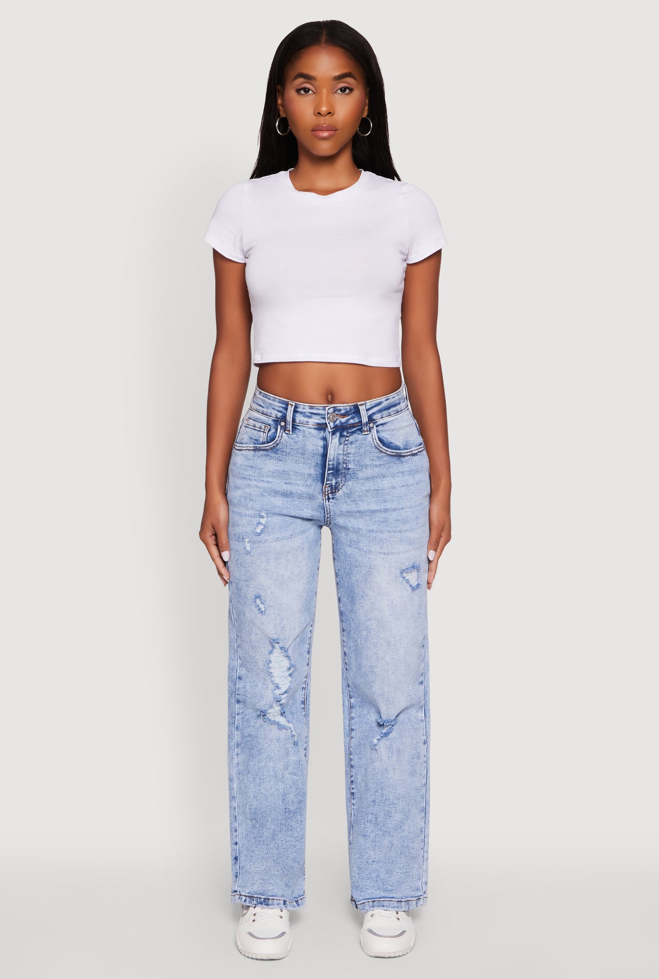 Mineral Wash Whiskered Distressed Straight Leg Jeans
