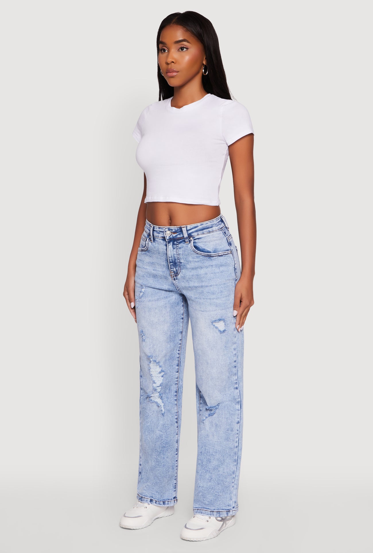Mineral Wash Whiskered Distressed Straight Leg Jeans