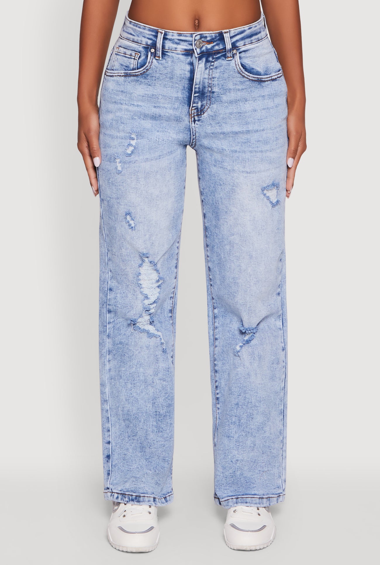 Mineral Wash Whiskered Distressed Straight Leg Jeans