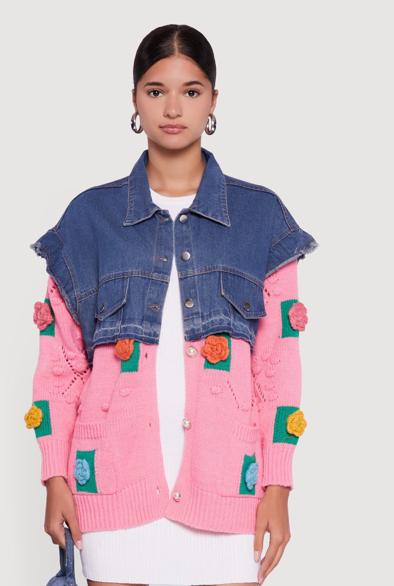 Flower Detail Layered Sweater Denim Jacket