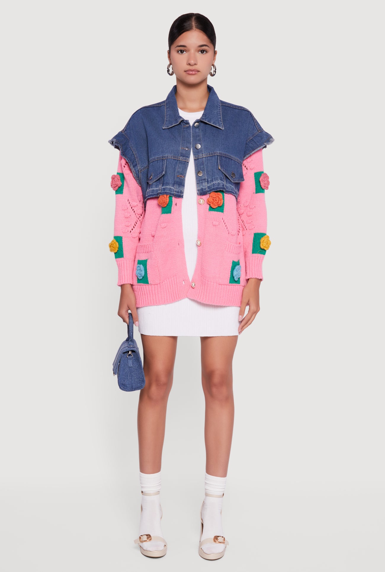 Flower Detail Layered Sweater Denim Jacket