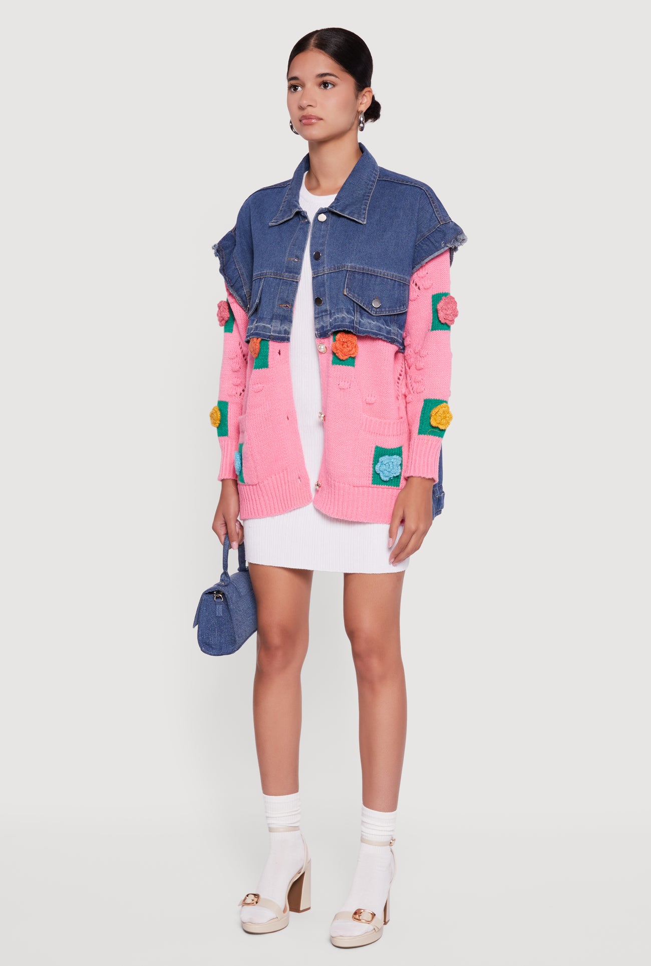Flower Detail Layered Sweater Denim Jacket