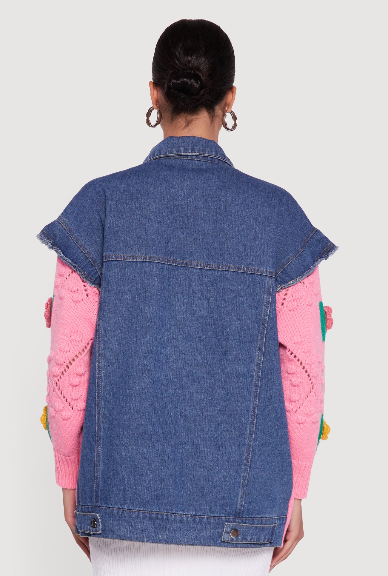 Flower Detail Layered Sweater Denim Jacket