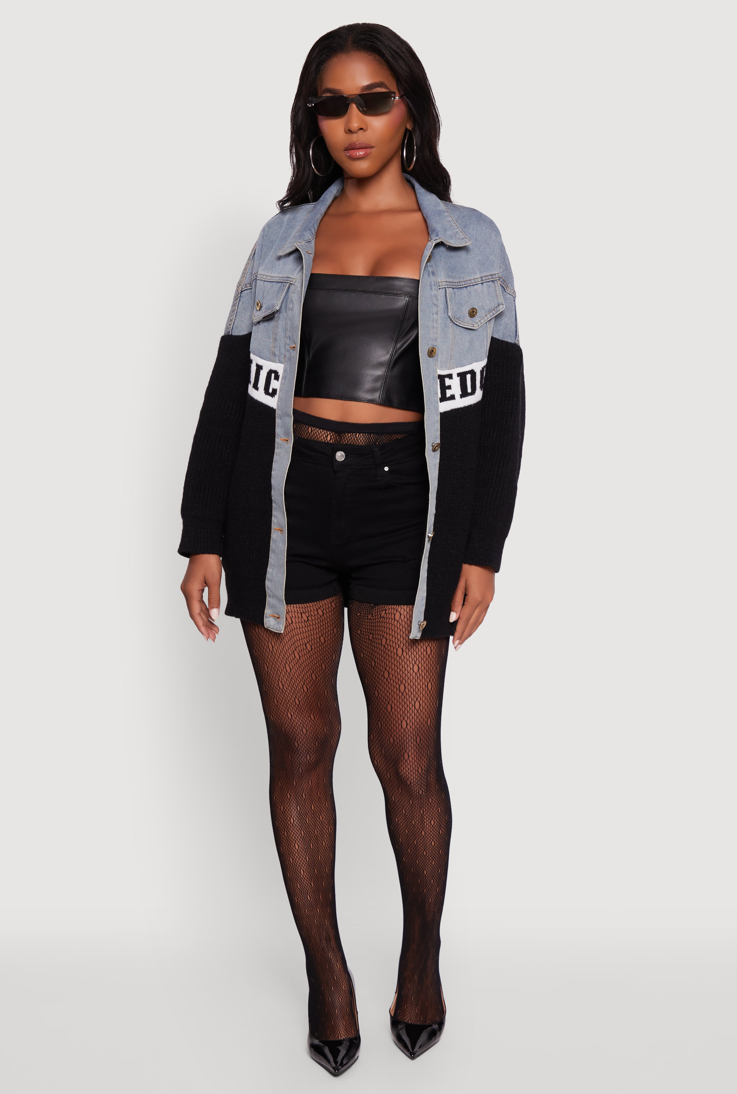 ☆OHMYGIRL☆【FILLINTHEBLANK】☆Club Applique Denim Ca.p☆ Color Block Chic Graphic Knit Denim Jacket