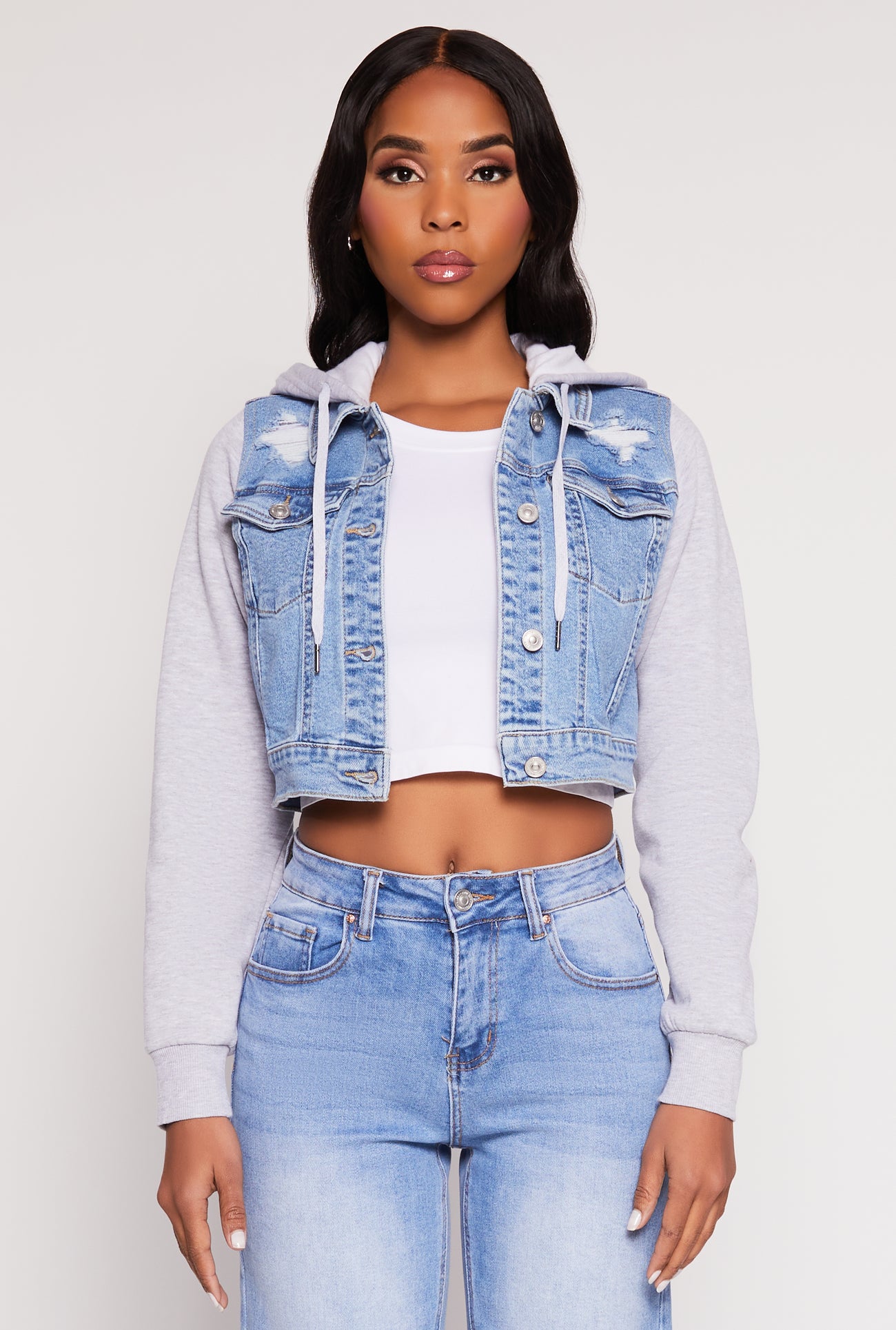 WAX Distressed Hooded Jean Jacket