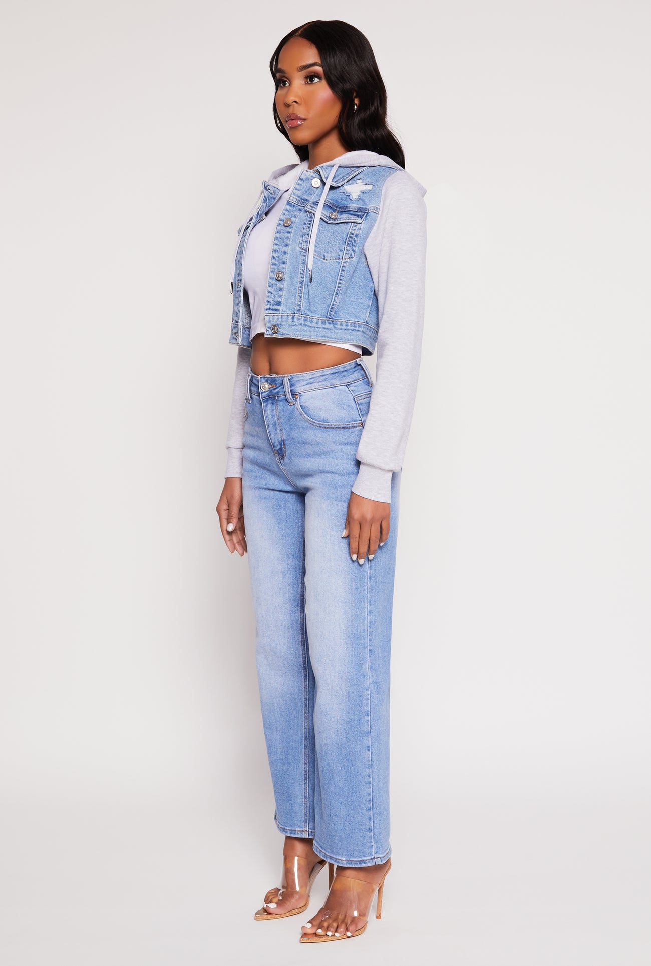 WAX Distressed Hooded Jean Jacket