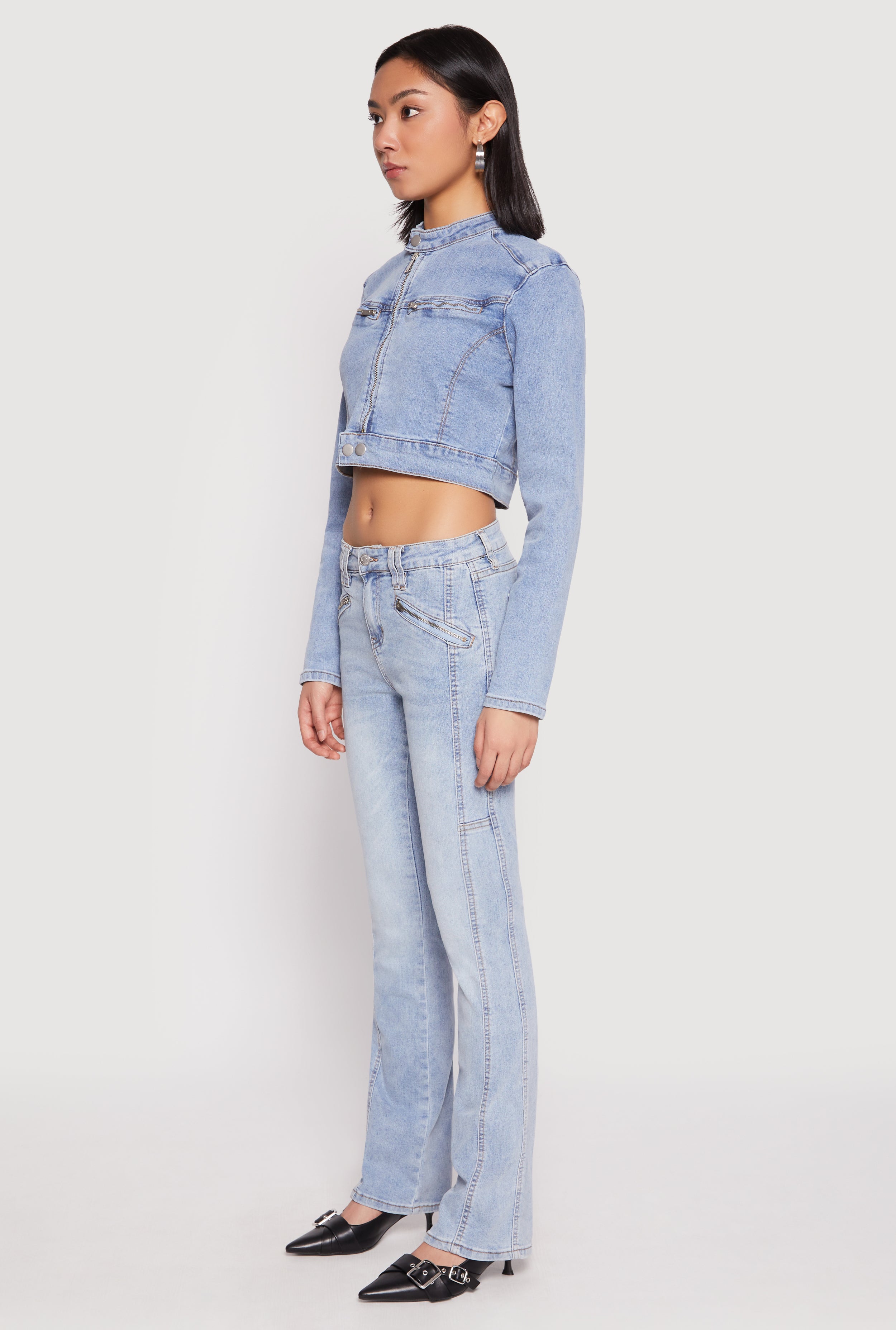 no mass prod　Cropped Moto denim jacket no mass prod cropped moto denim jacket L