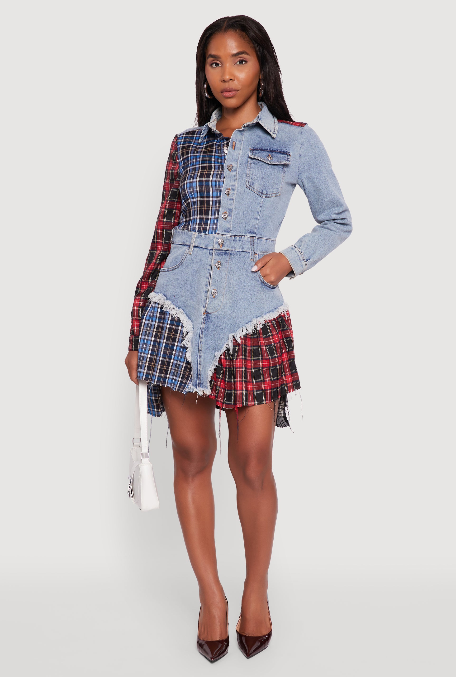 white christmas dresses Plaid Patchwork Denim Shirt Dress