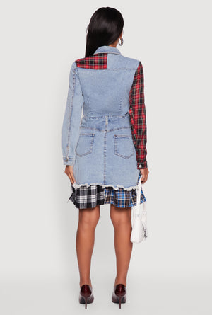 Plaid Patchwork Denim Shirt Dress Plaid Patchwork Denim Shirt Dress