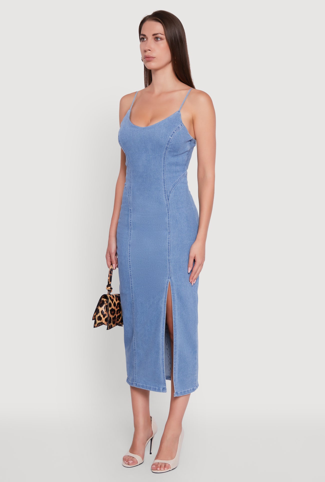 Denim Pintuck Scoop Neck Side Slit Dress