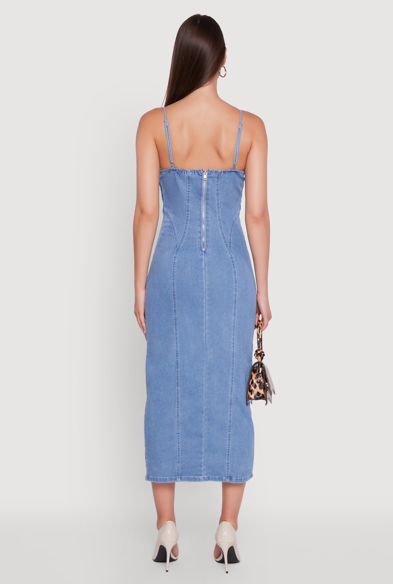 Denim Pintuck Scoop Neck Side Slit Dress