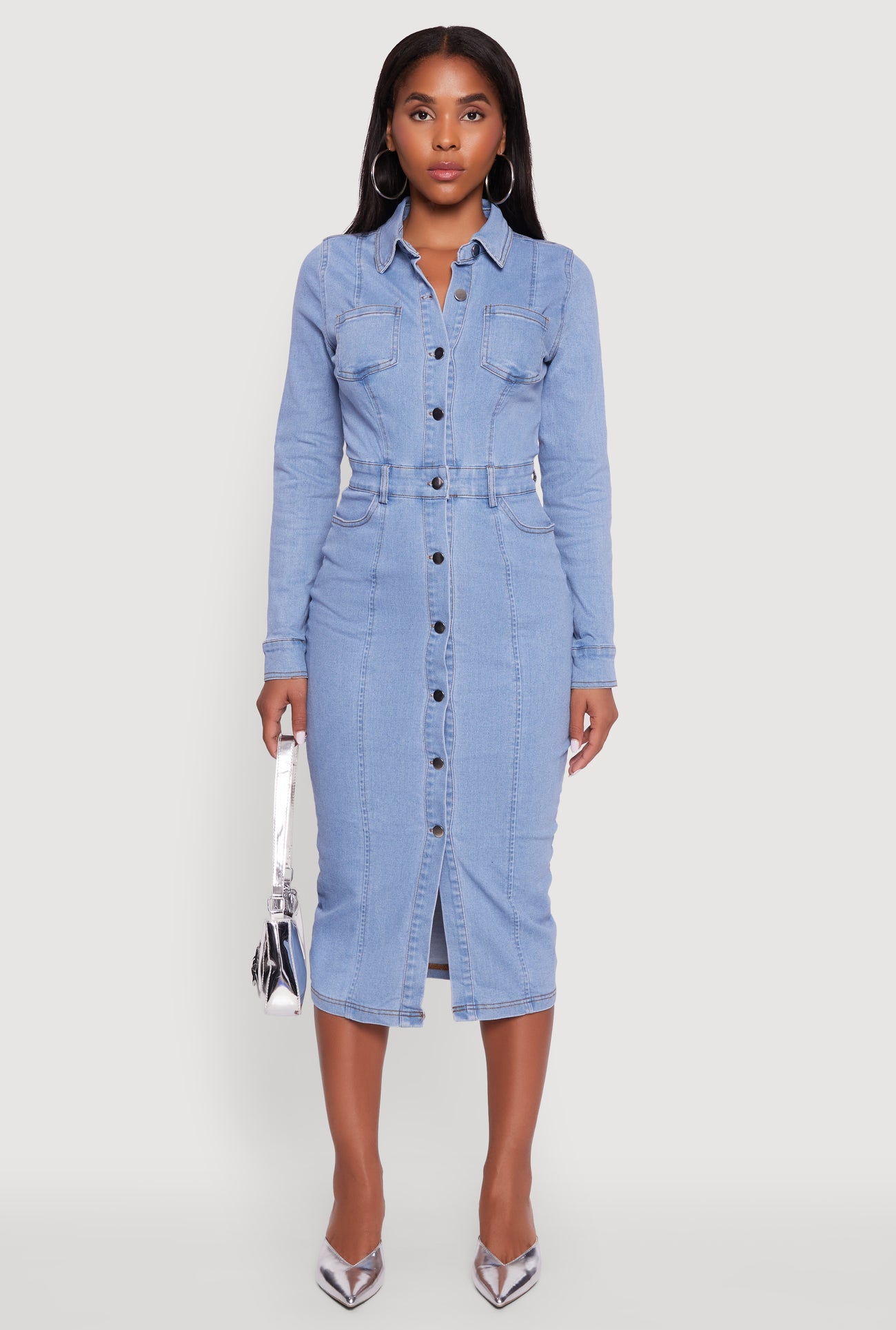 Denim Button Front Long Sleeve Shirt Dress