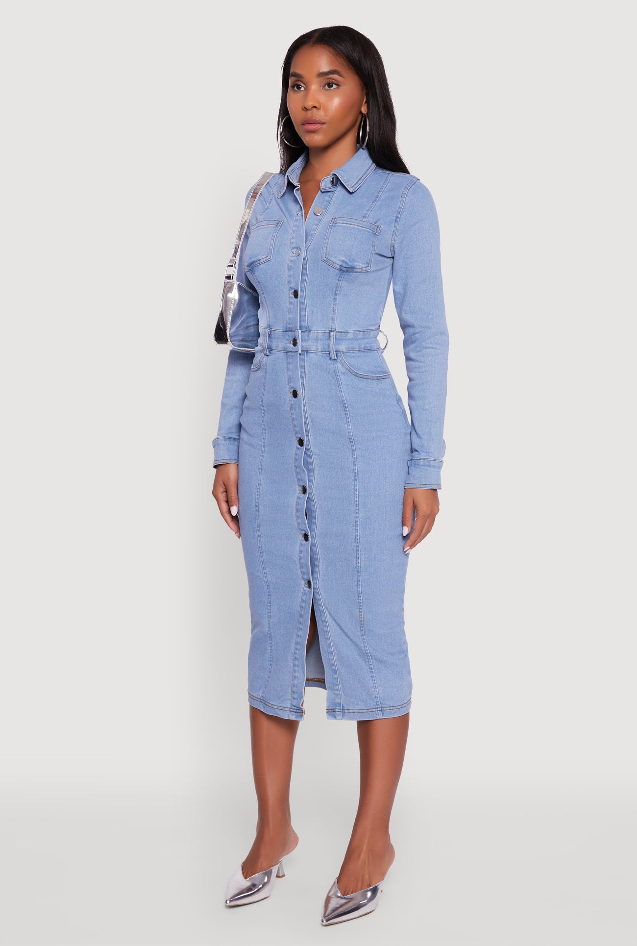 Denim Button Front Long Sleeve Shirt Dress