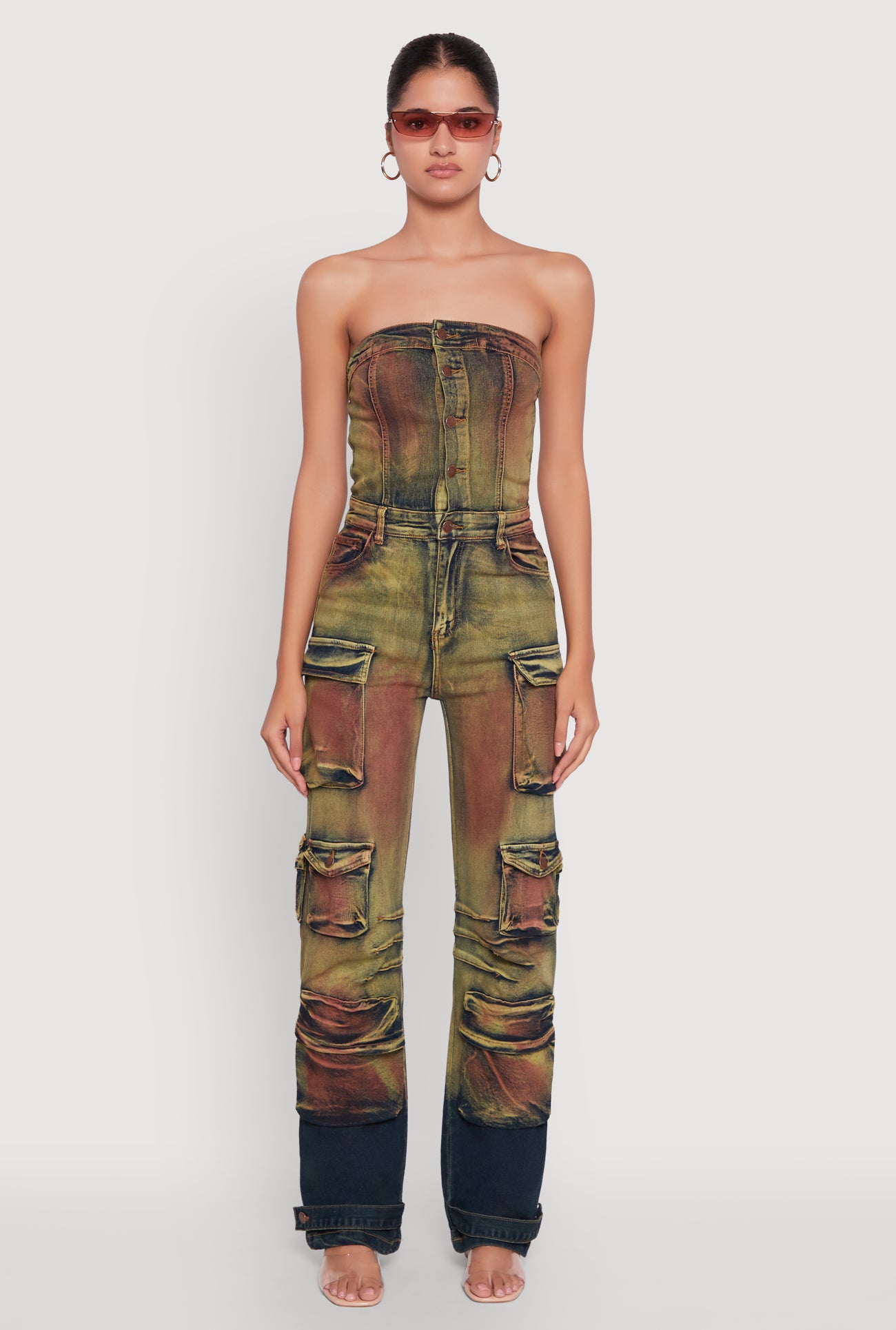 Acid Wash Button Front Tube Utility Jumpsuit
