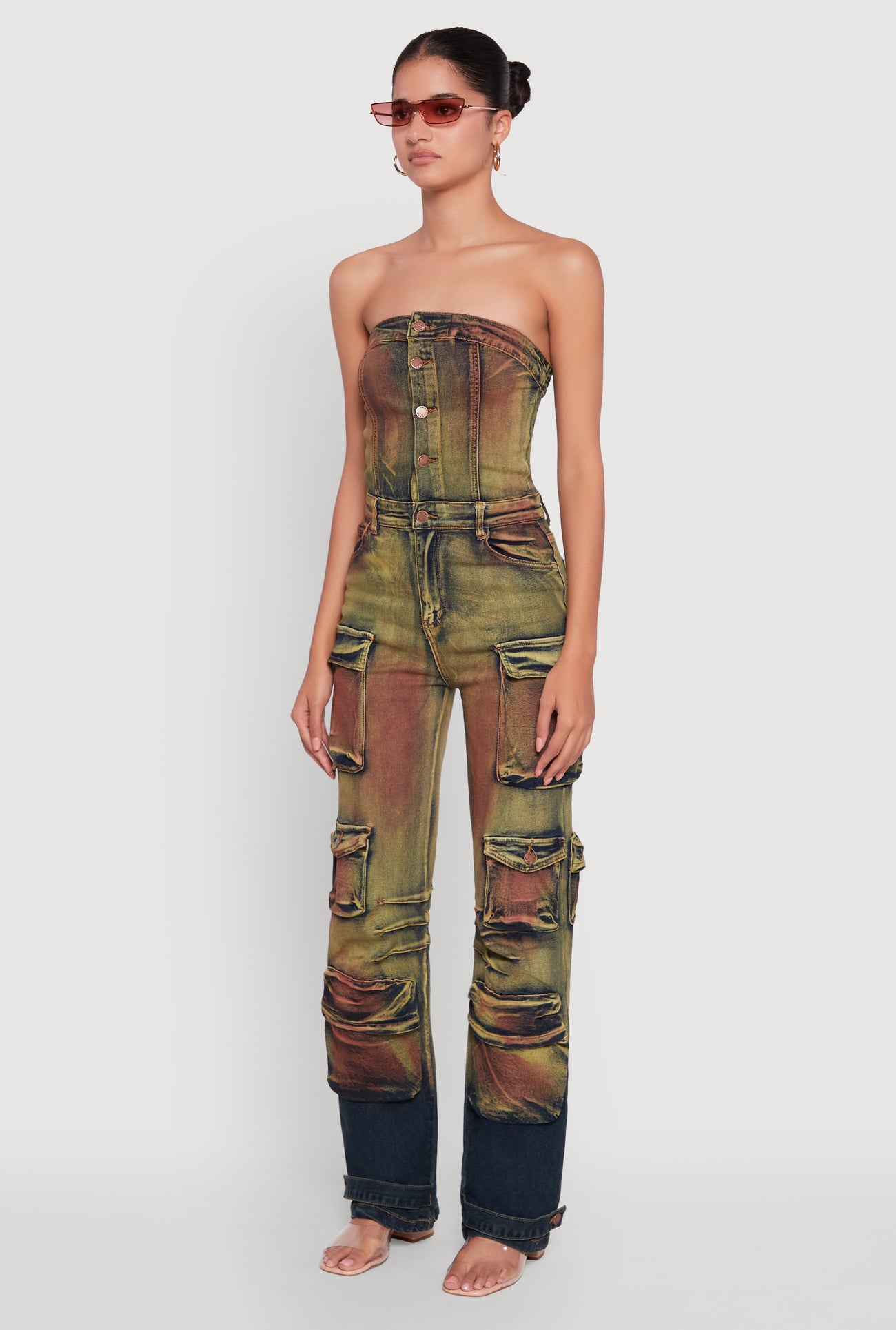 Acid Wash Button Front Tube Utility Jumpsuit