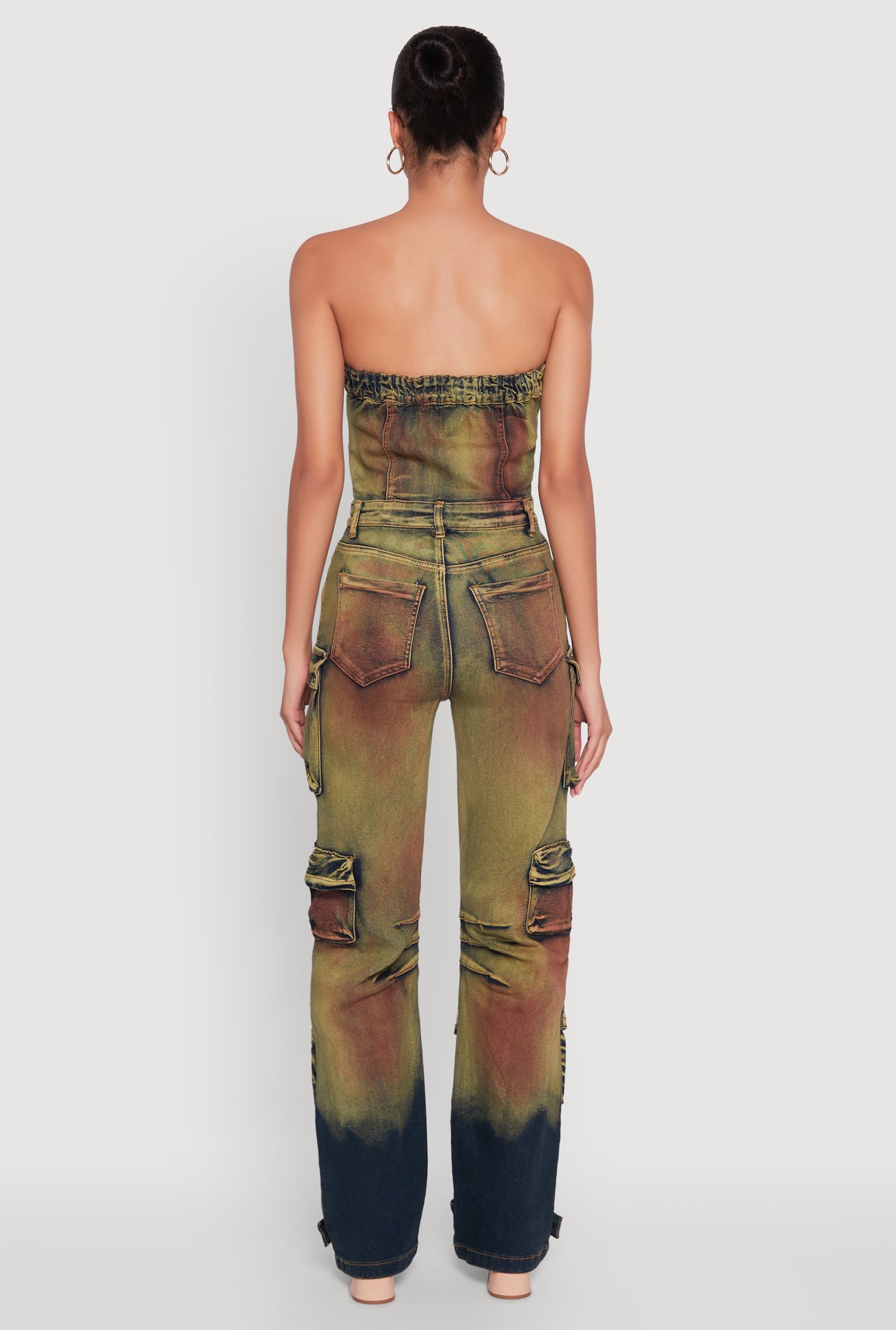 Acid Wash Button Front Tube Utility Jumpsuit