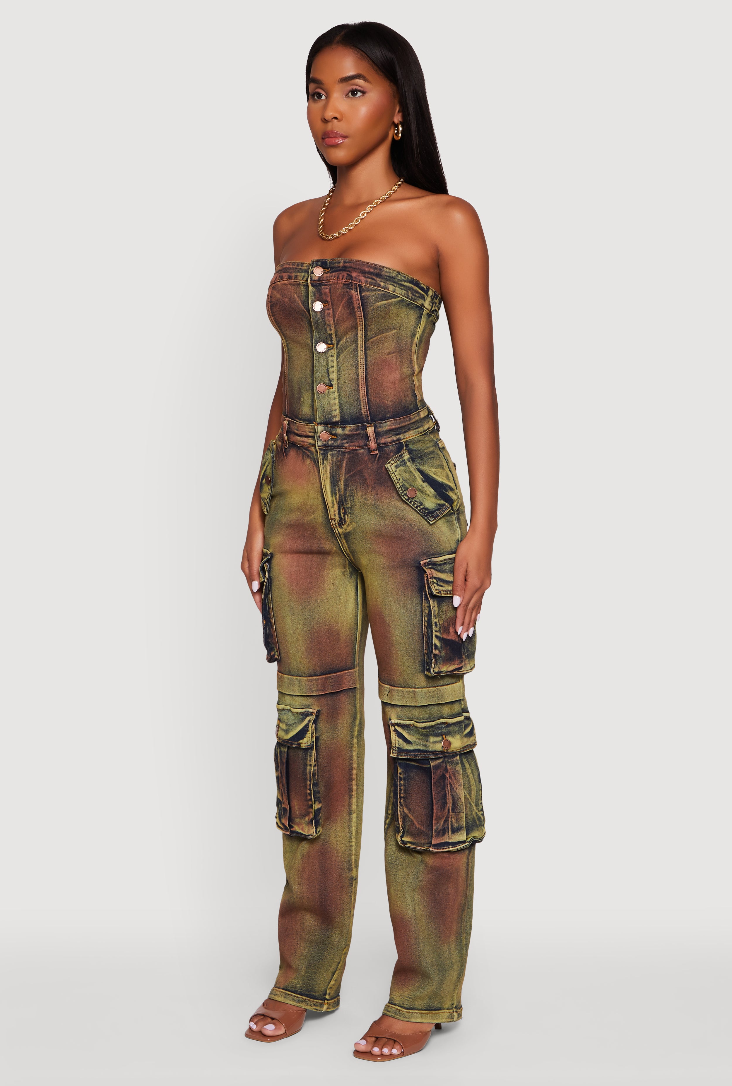 Tie Dye Acid Wash Denim Utility Tube Jumpsuit