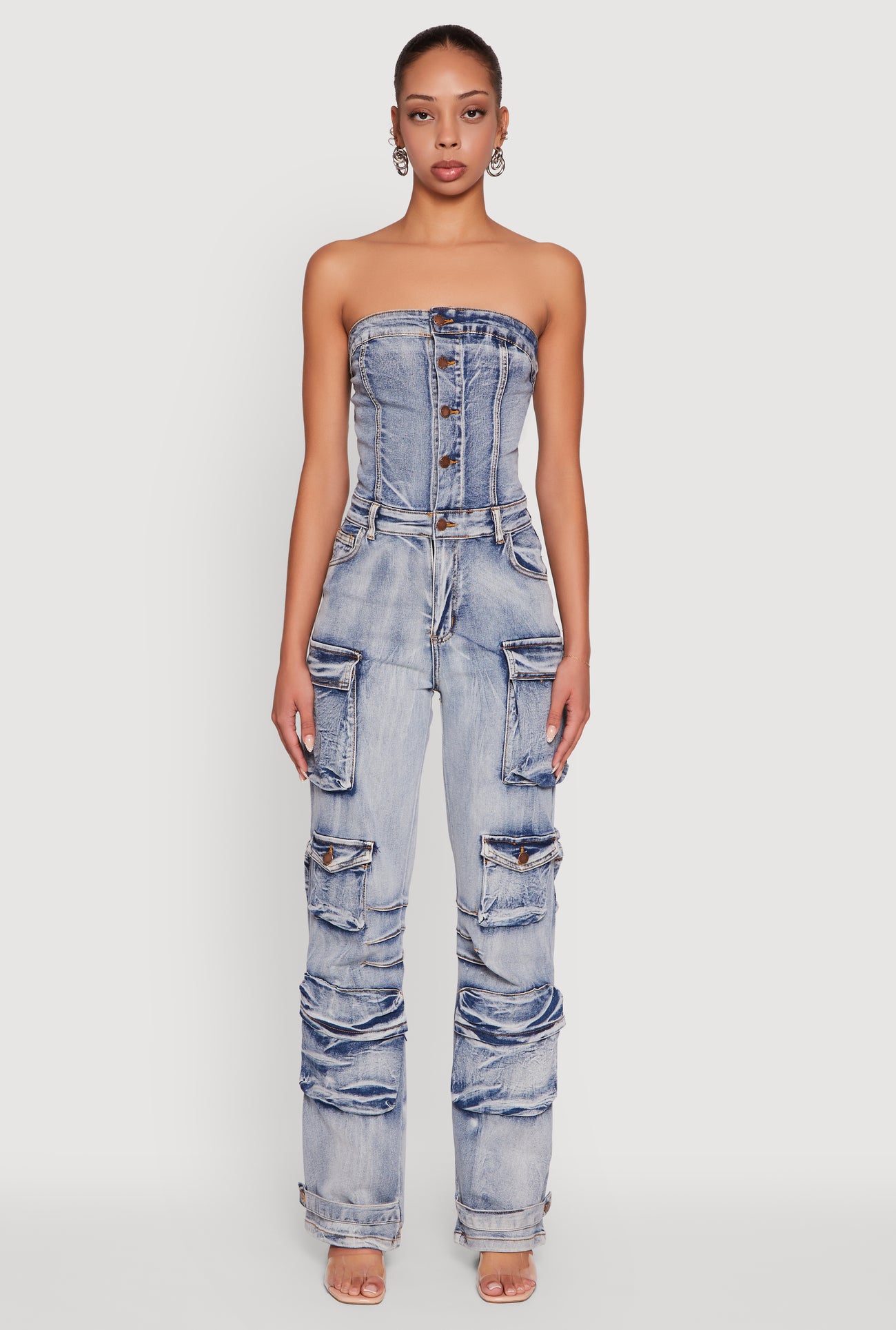 Acid Wash Denim Multi Cargo Pocket Strapless Jumpsuit