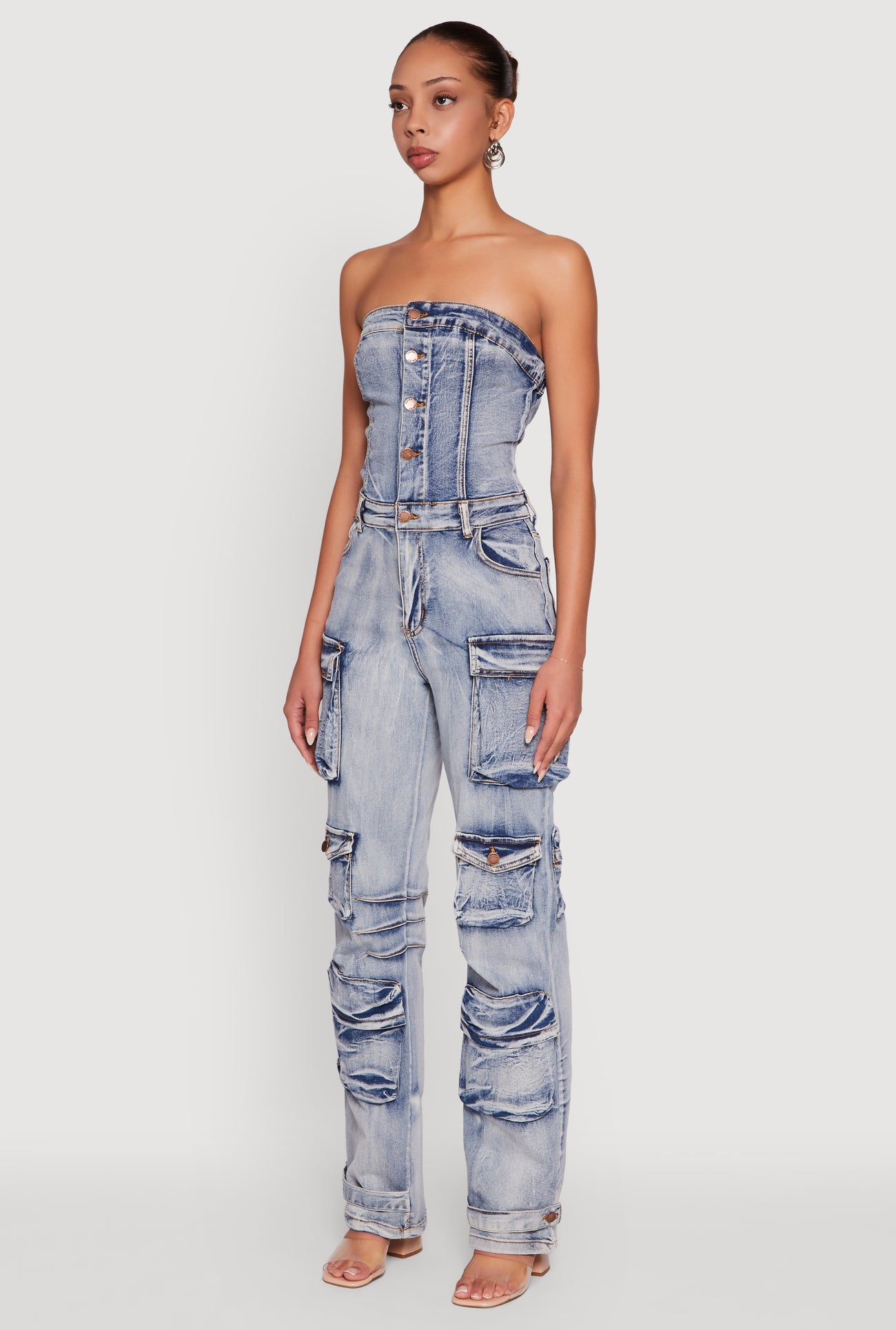 Acid Wash Denim Multi Cargo Pocket Strapless Jumpsuit