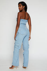 Daisy Denim Strapless Button Front Cargo Jumpsuit