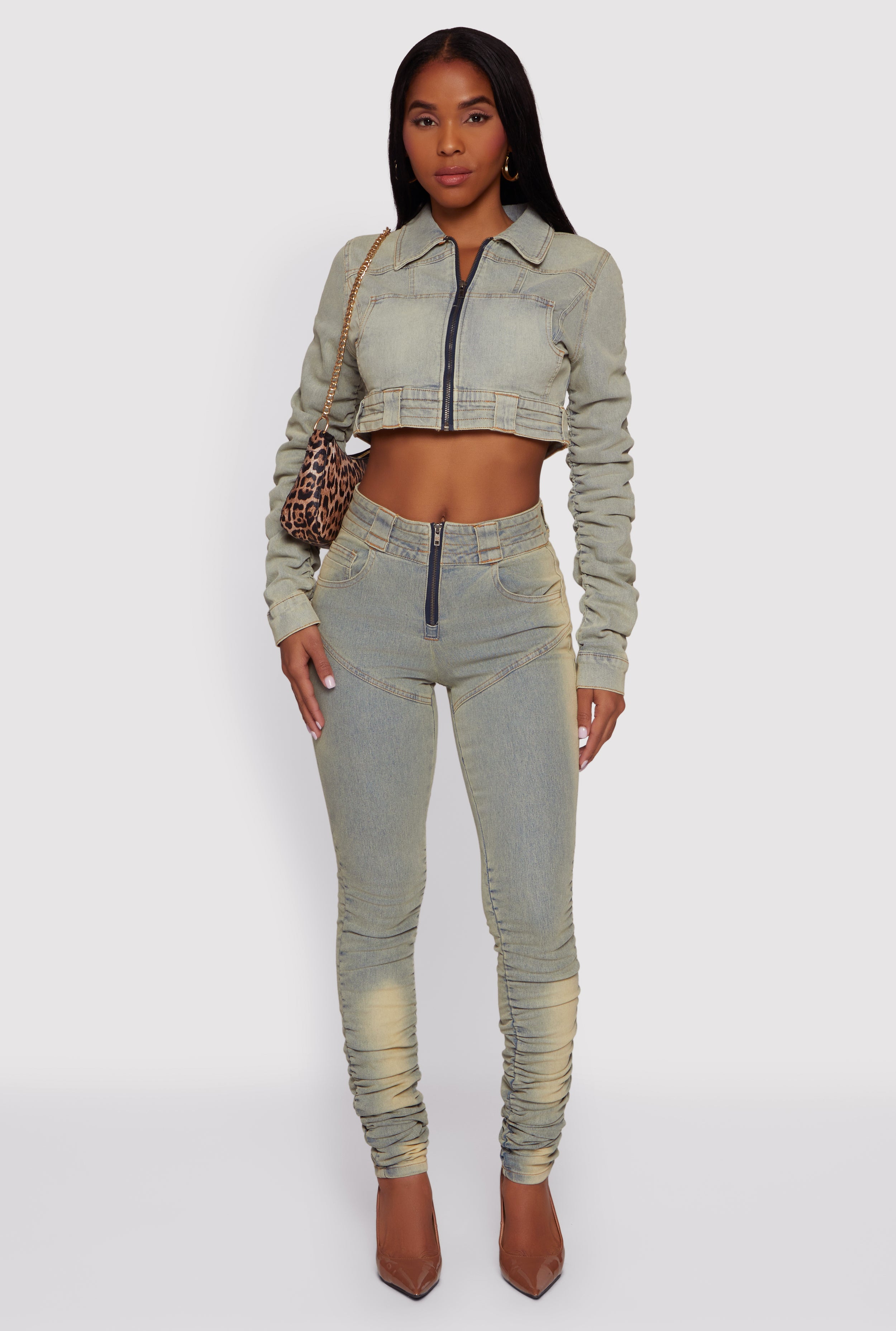 Acid Wash Cropped Zip Front Jean Jacket