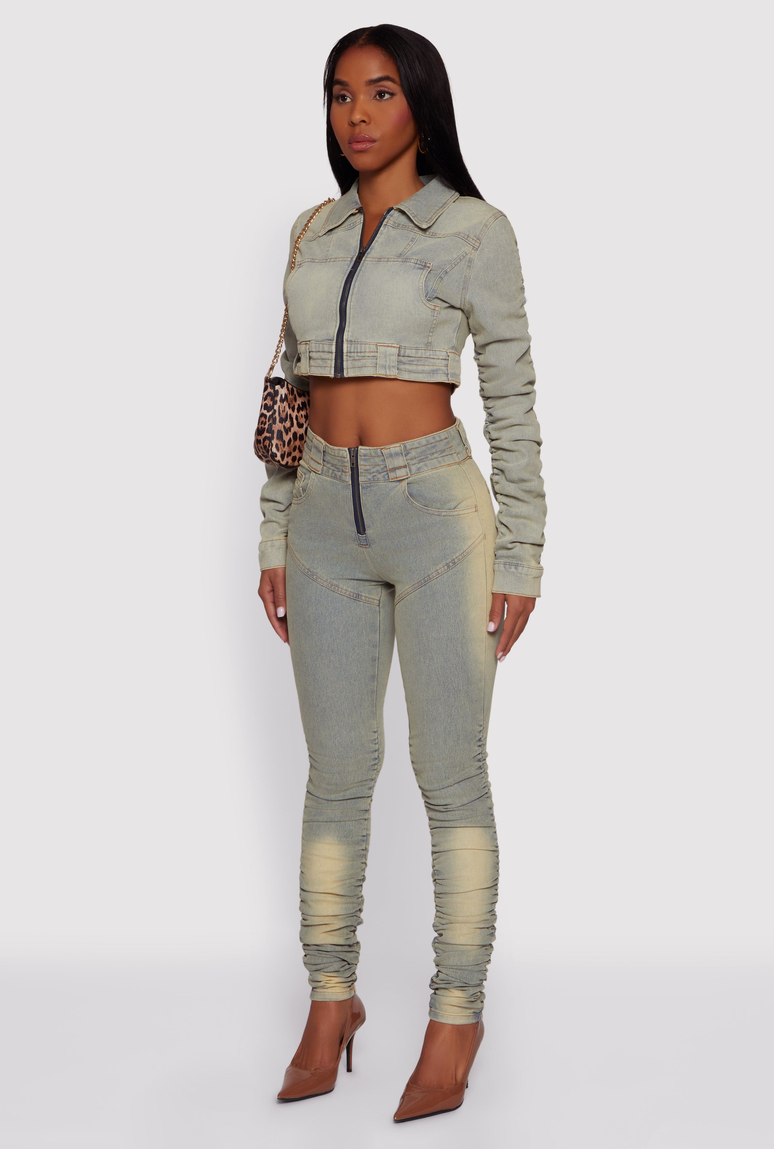 Acid Wash Cropped Zip Front Jean Jacket