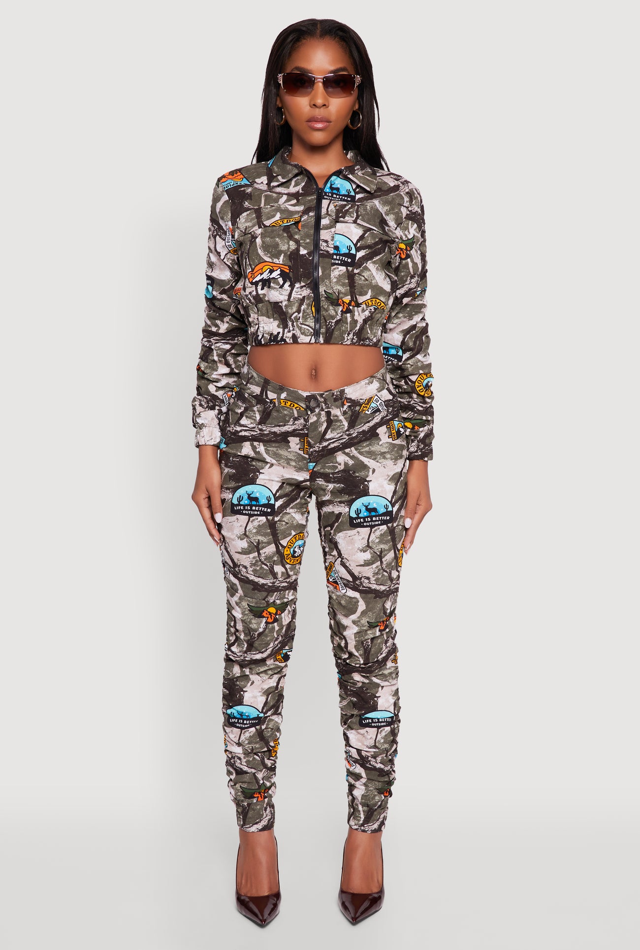 Zip Front Printed Pattern Ruched Sleeve Jacket