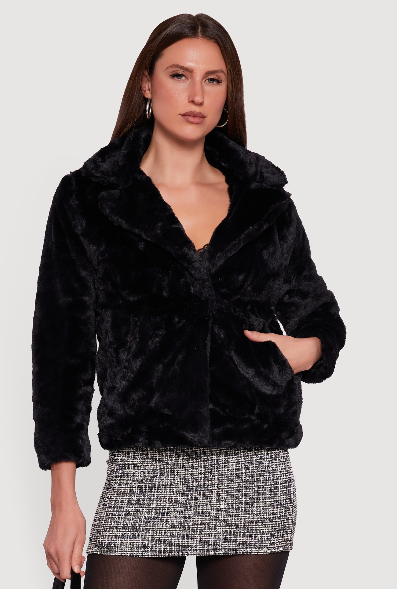 Snap Button Front Faux Fur Coat