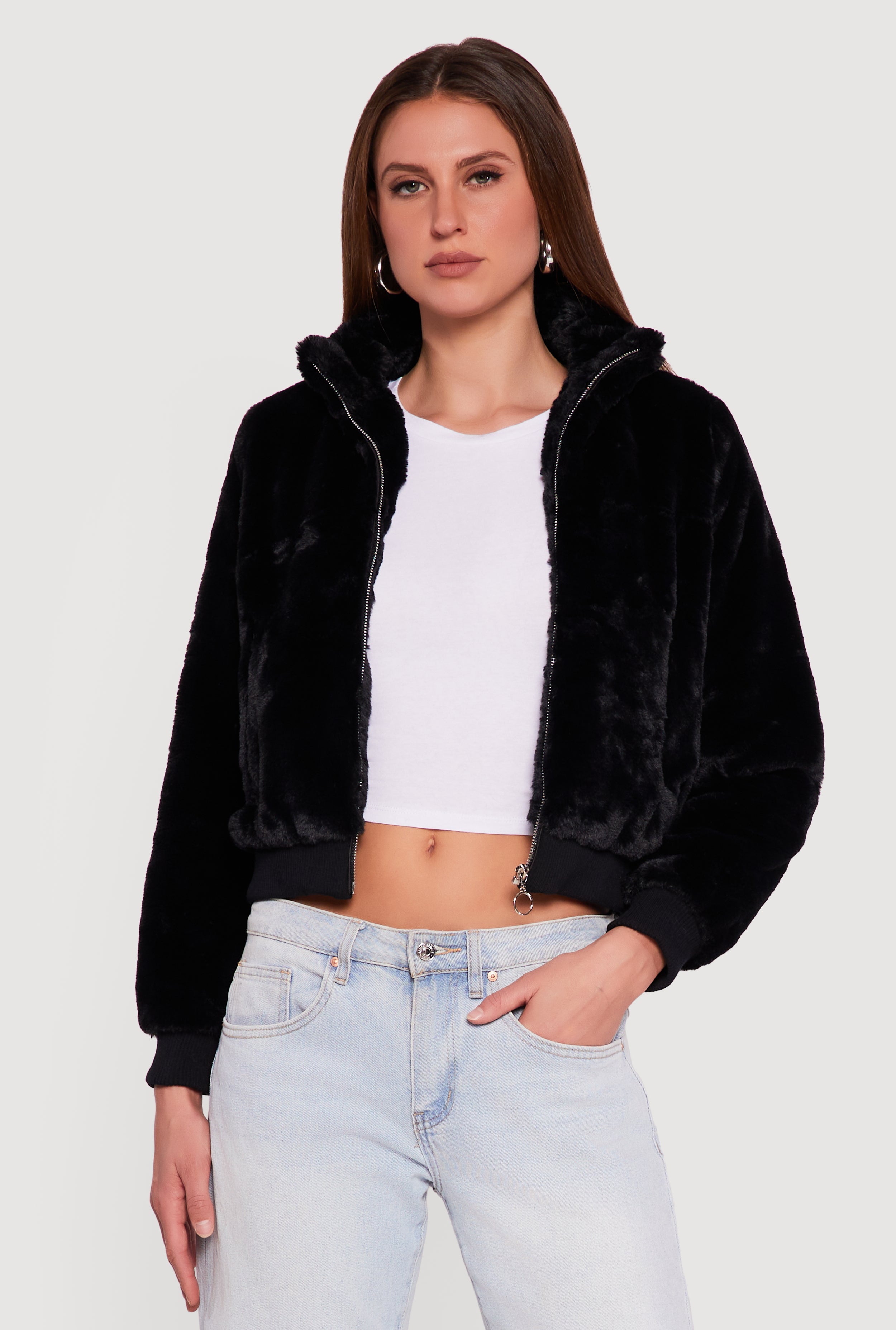 Faux Fur Cropped Long Sleeve Mock Neck Zip Front Jacket