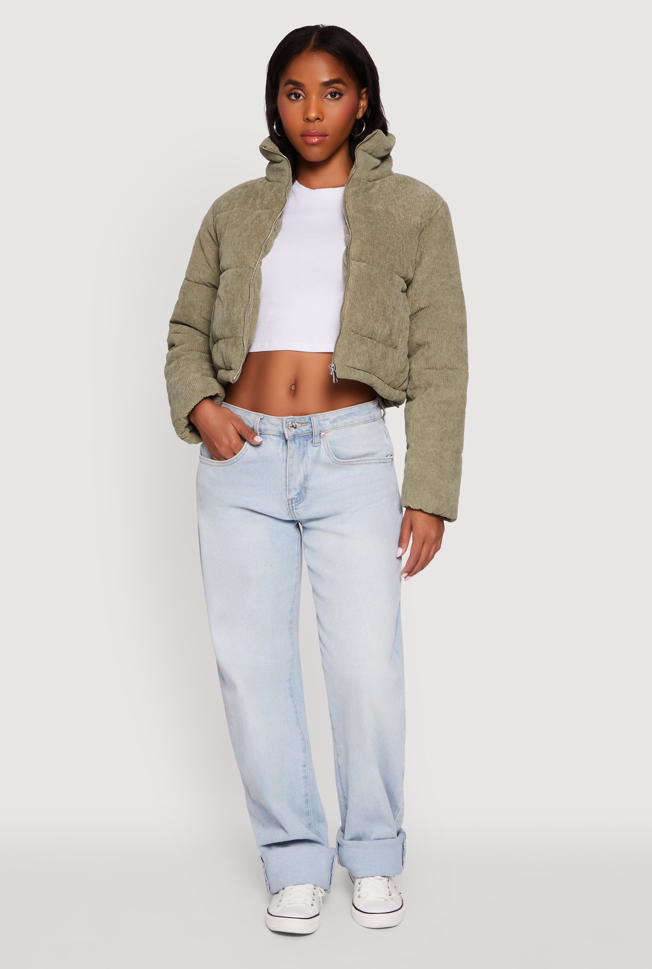 Mock Neck Zip Front Corduroy Puffer Jacket