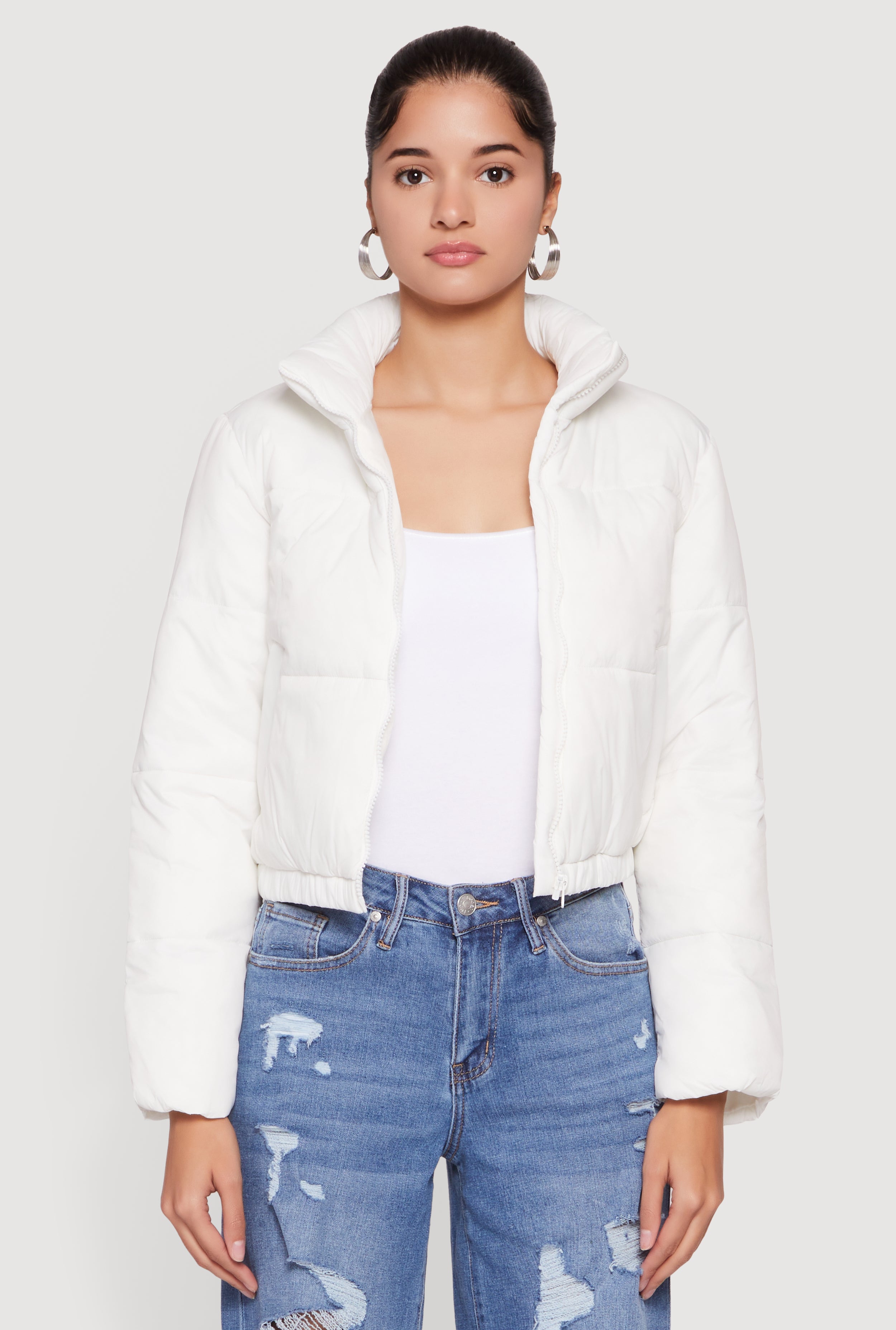 Nylon Long Sleeve Mock Neck Zip Front Puffer Jacket