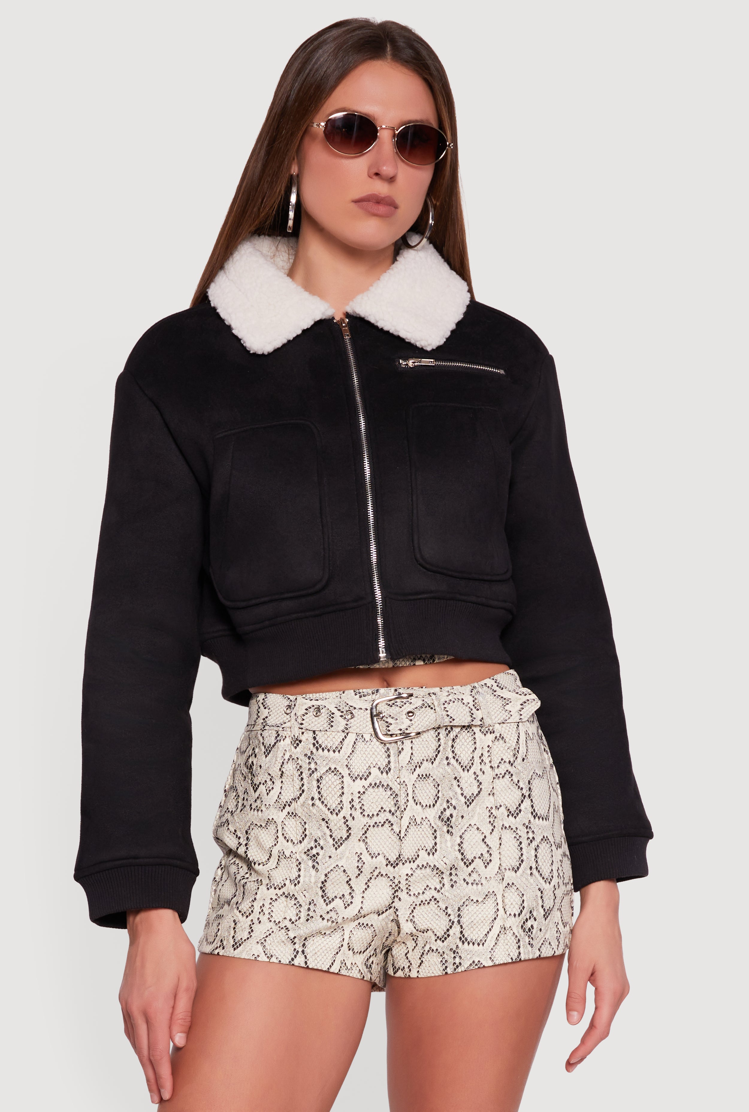 Faux Suede Sherpa Lined Cropped Bomber Jacket