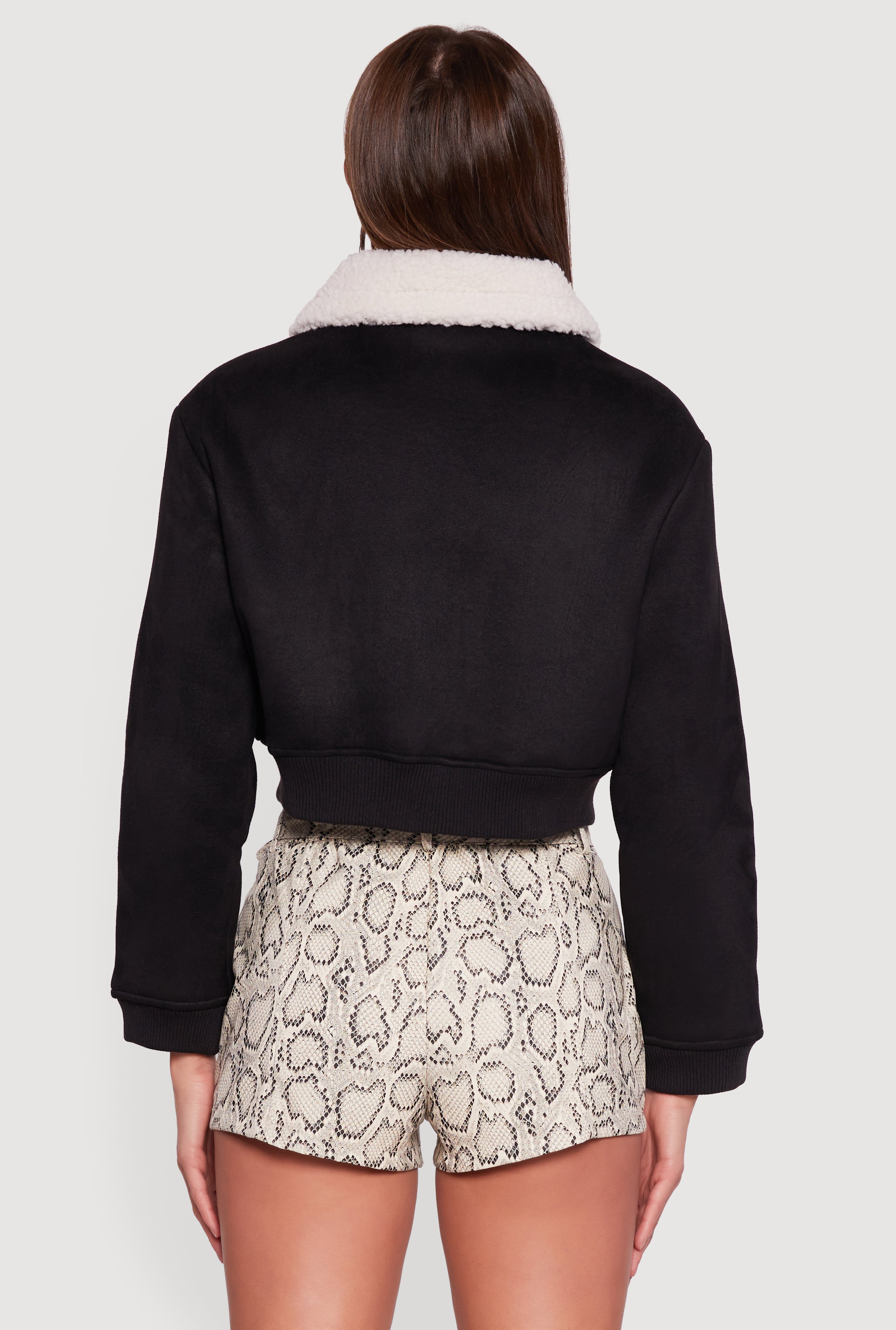 Faux Suede Sherpa Lined Cropped Bomber Jacket