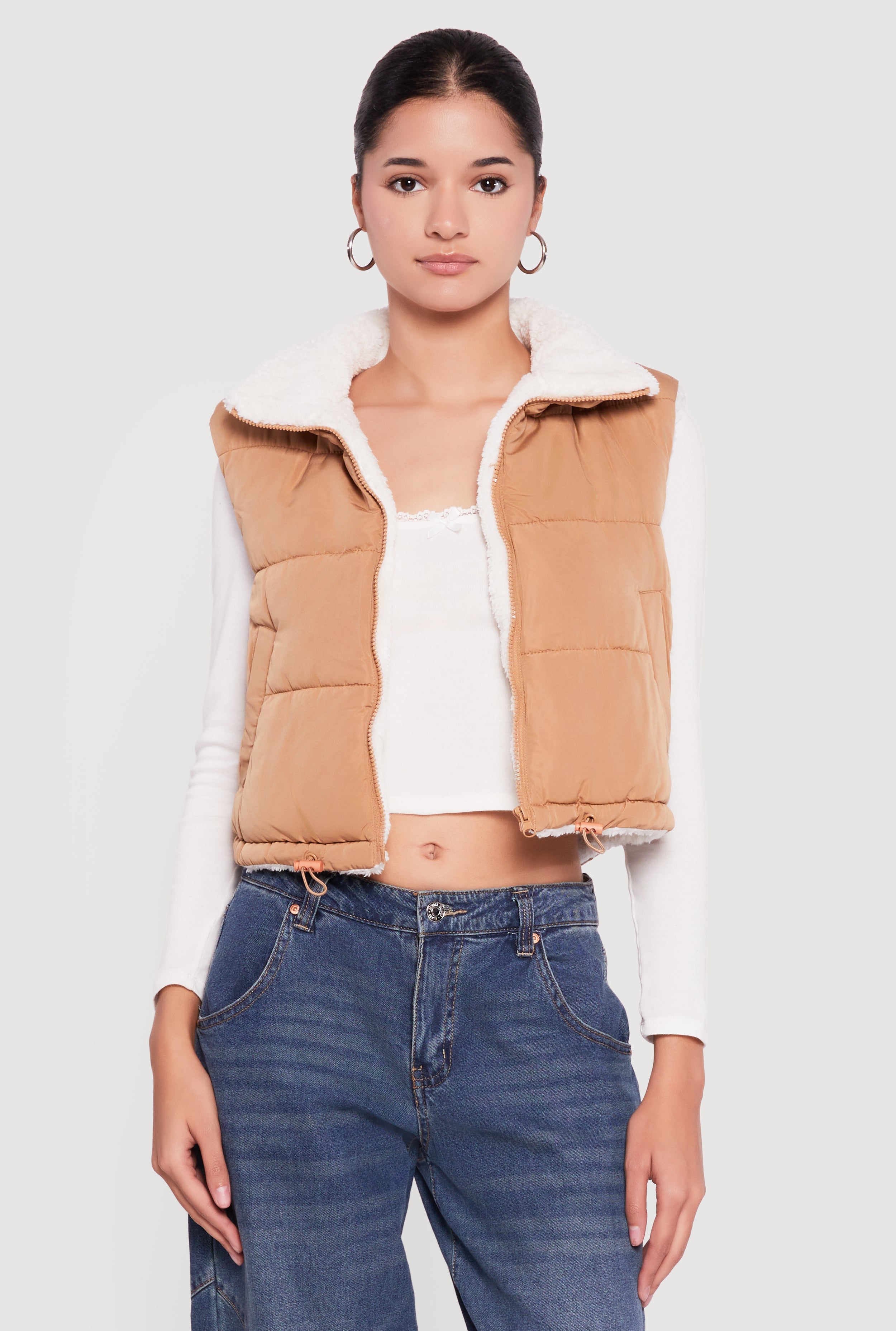 Sherpa Lined Drawstring Hem Zip Front Puffer Vest