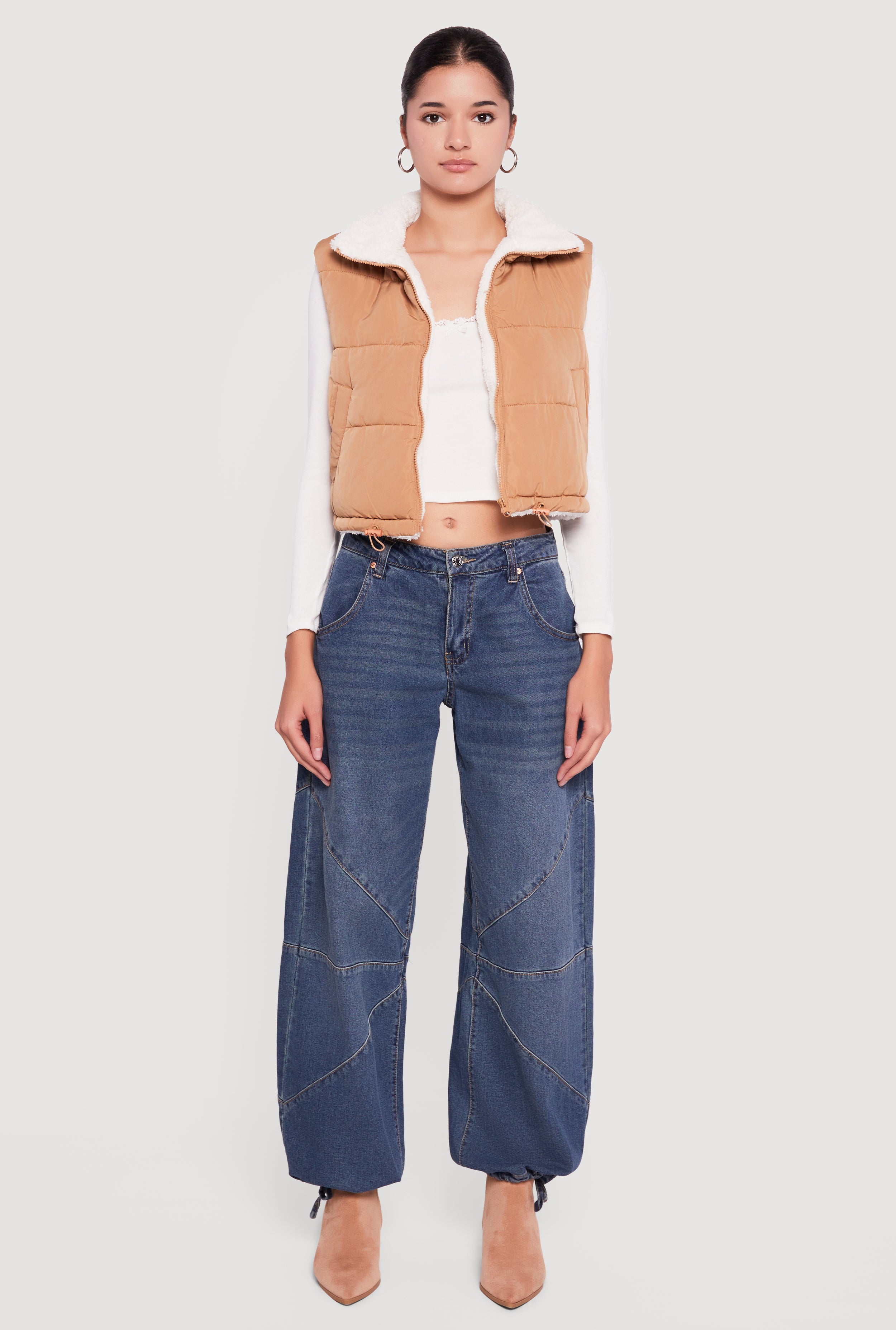 【美品】SUPPLIER PUFFER VEST & DENIM PANTS Sherpa Lined Drawstring Hem Zip Front Puffer Vest