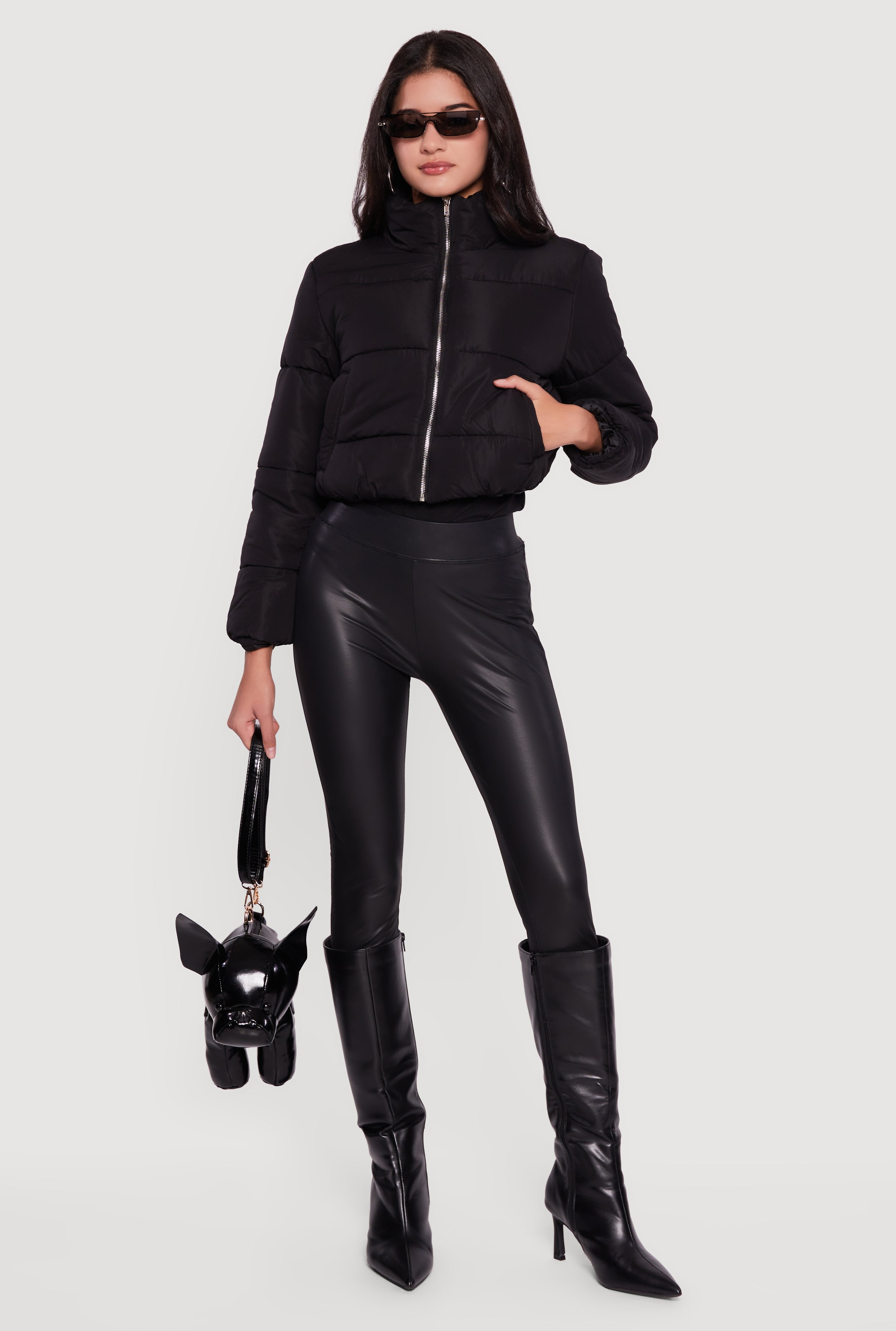 Solid Cropped Zip Front Puffer Jacket