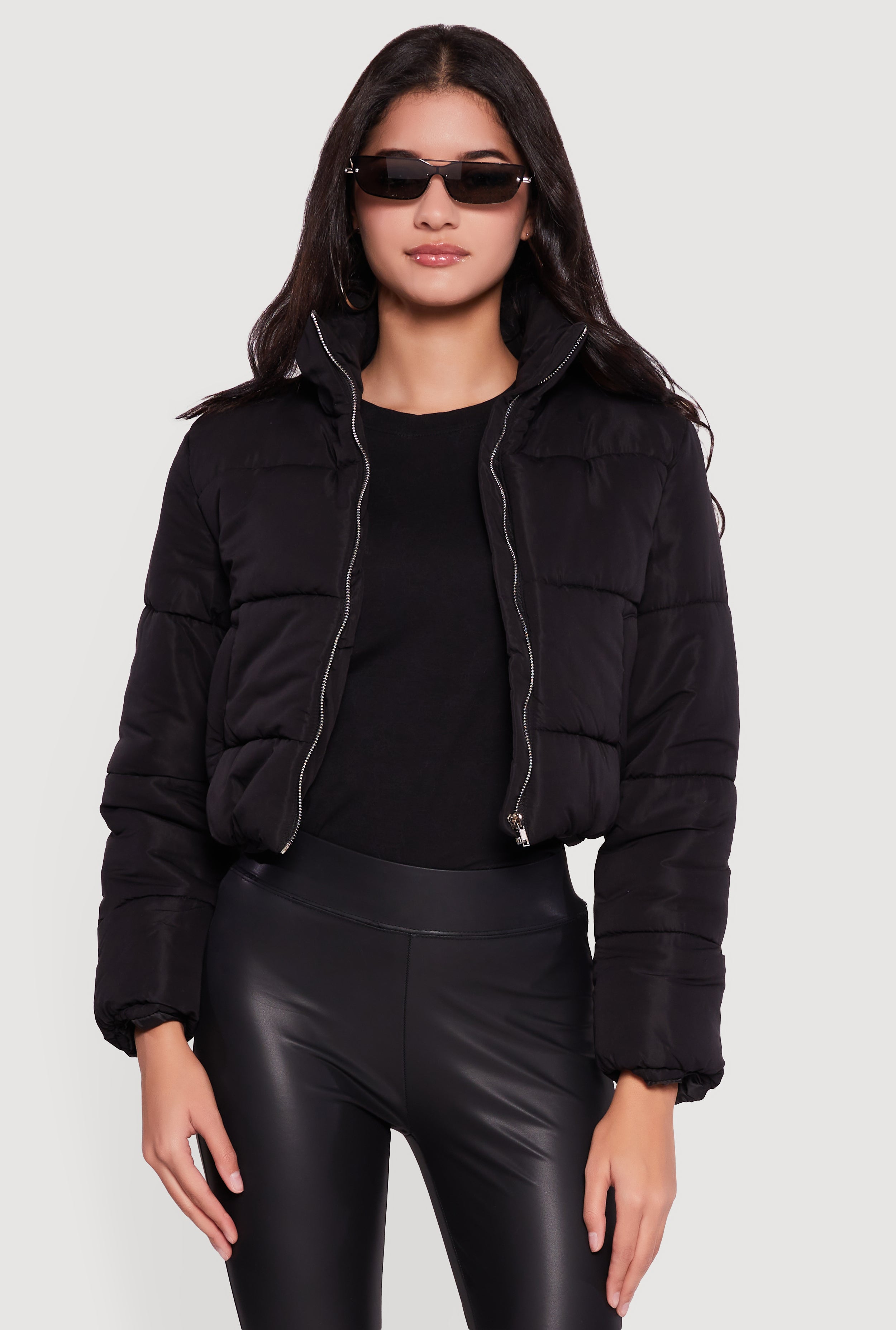 Solid Cropped Zip Front Puffer Jacket Solid Cropped Zip Front Puffer Jacket