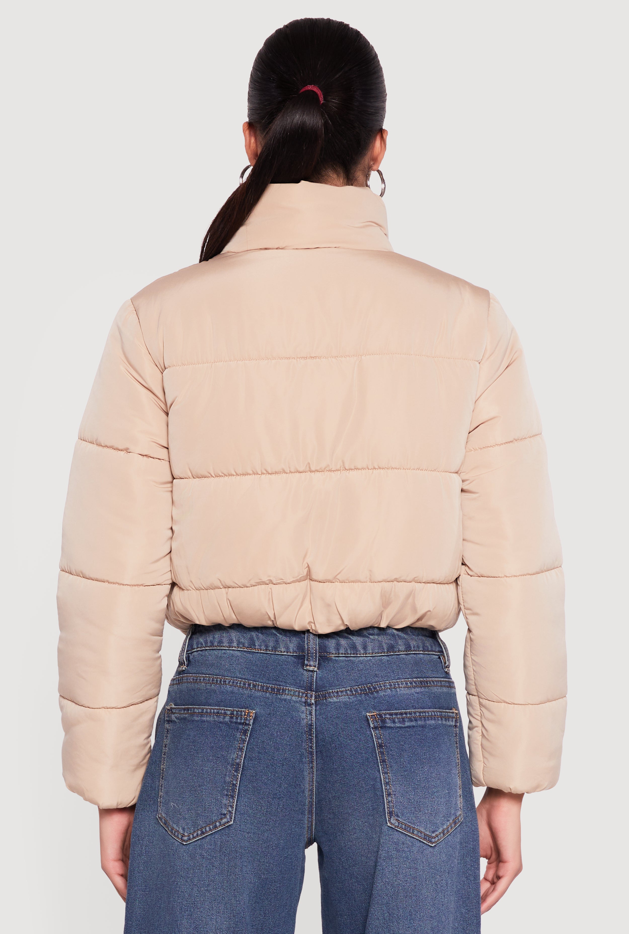Solid Cropped Zip Front Puffer Jacket