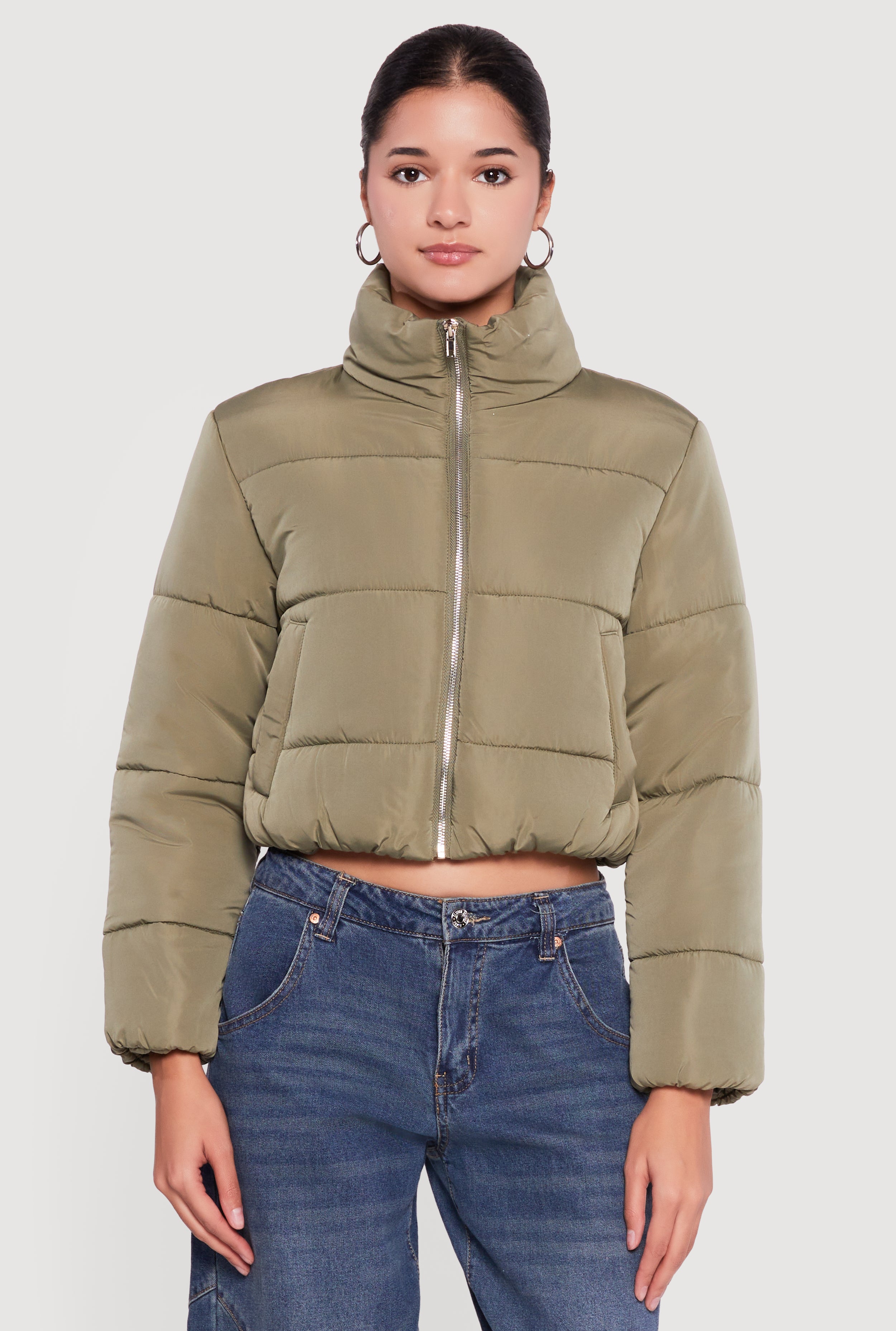 Solid Cropped Zip Front Puffer Jacket