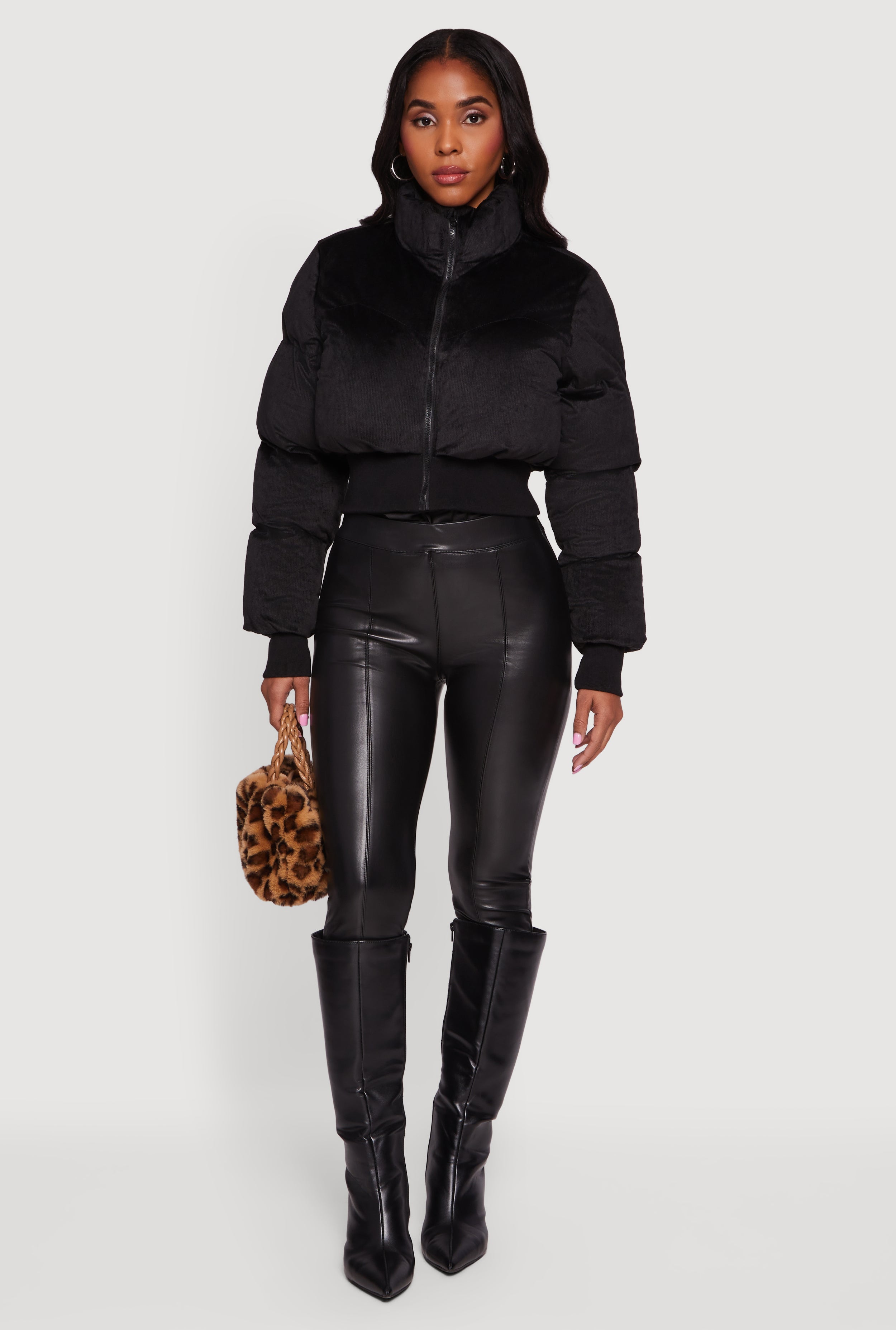 Corduroy Zip Front Mock Neck Cropped Puffer Jacket
