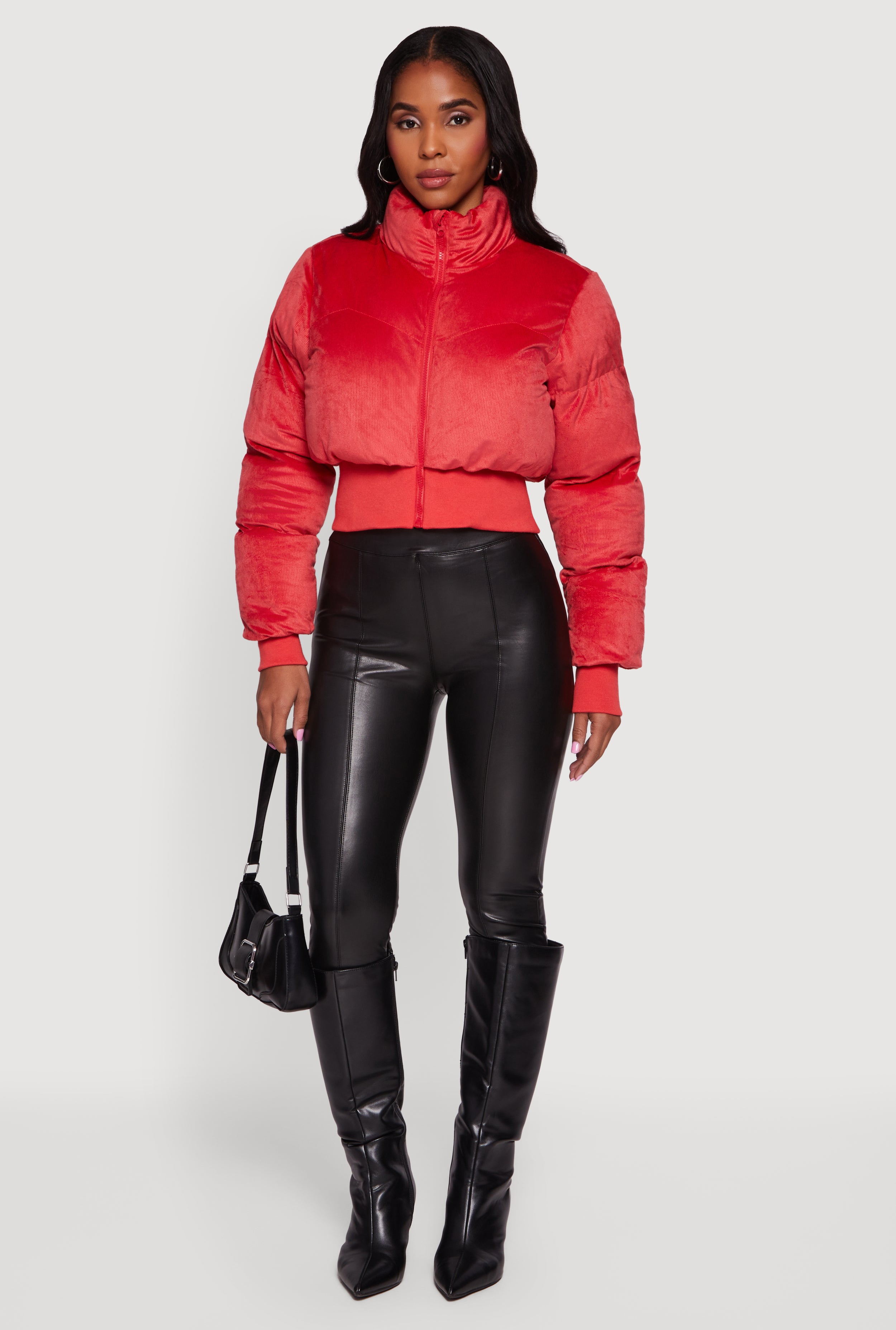 Corduroy Zip Front Mock Neck Cropped Puffer Jacket