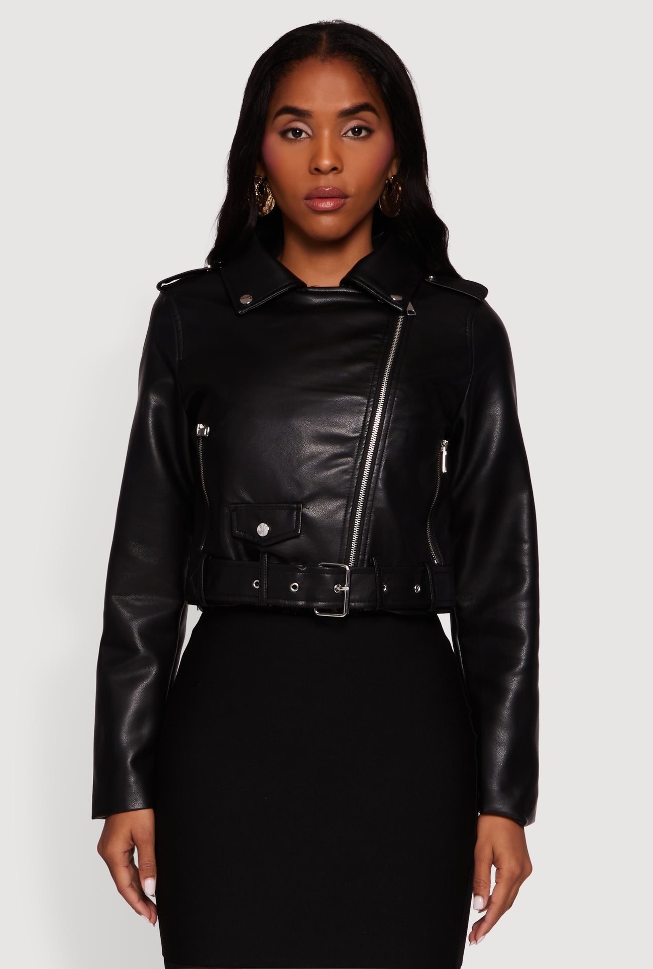 Cropped Faux Leather Belted Moto Jacket