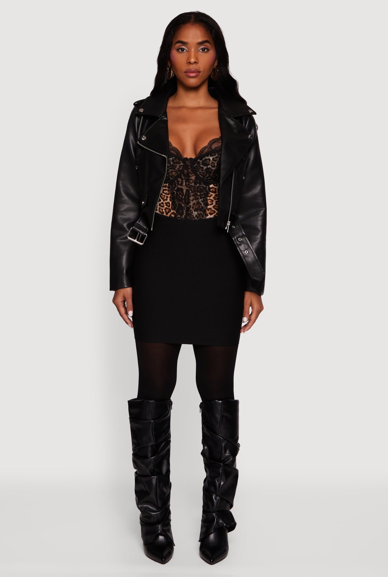 Cropped Faux Leather Belted Moto Jacket