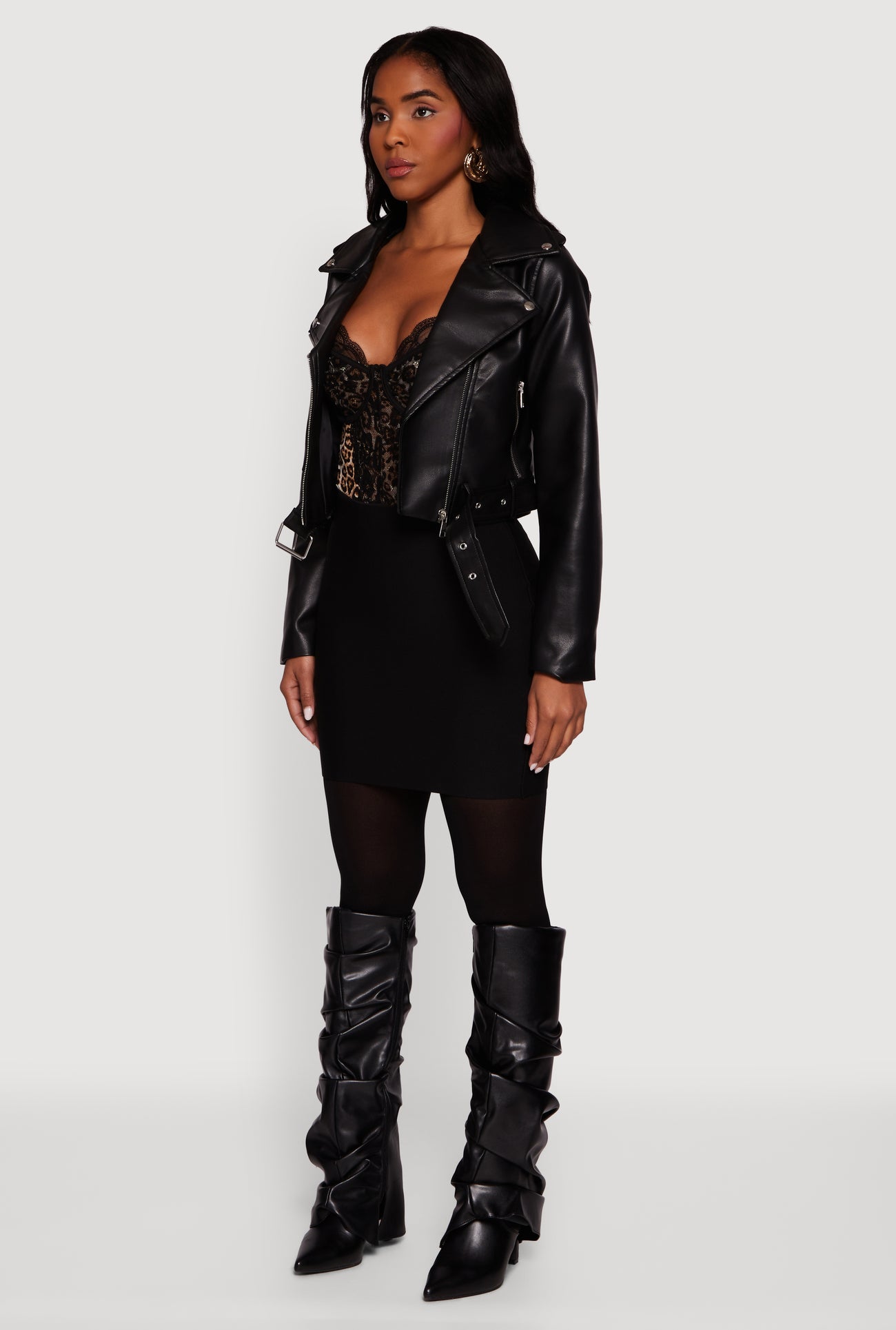 Cropped Faux Leather Belted Moto Jacket