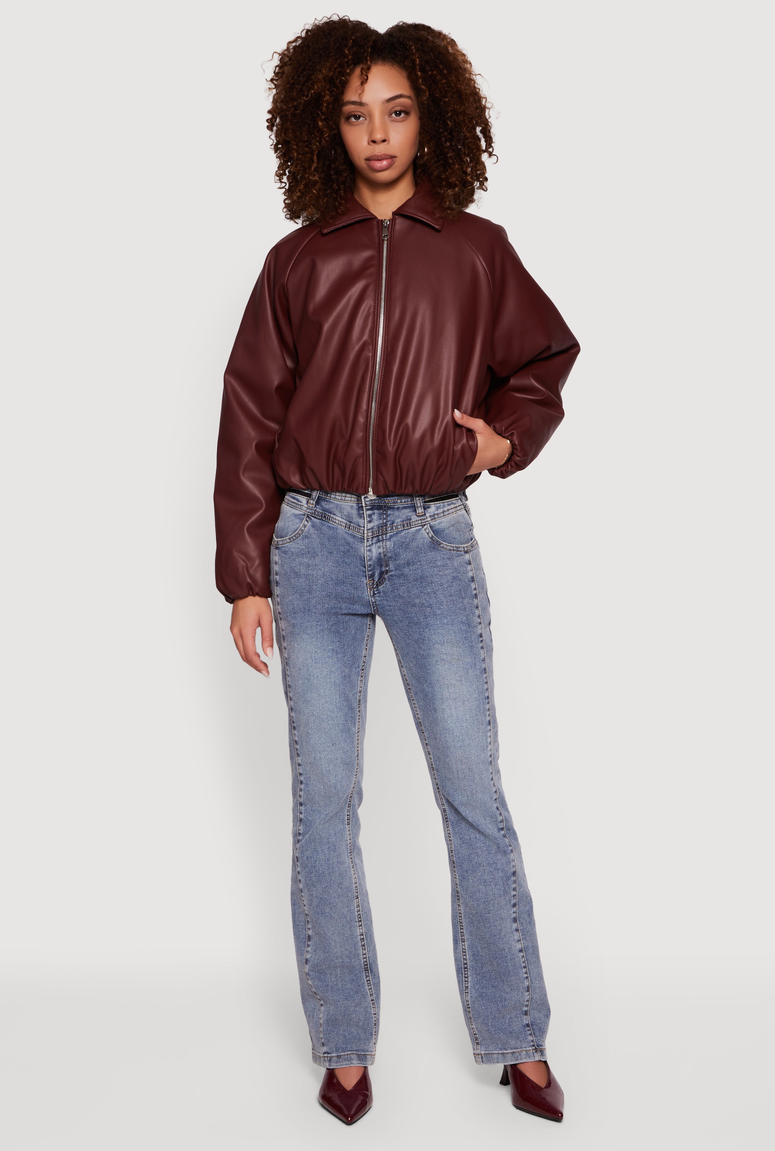 Faux Leather Zip Front Bubble Hem Jacket