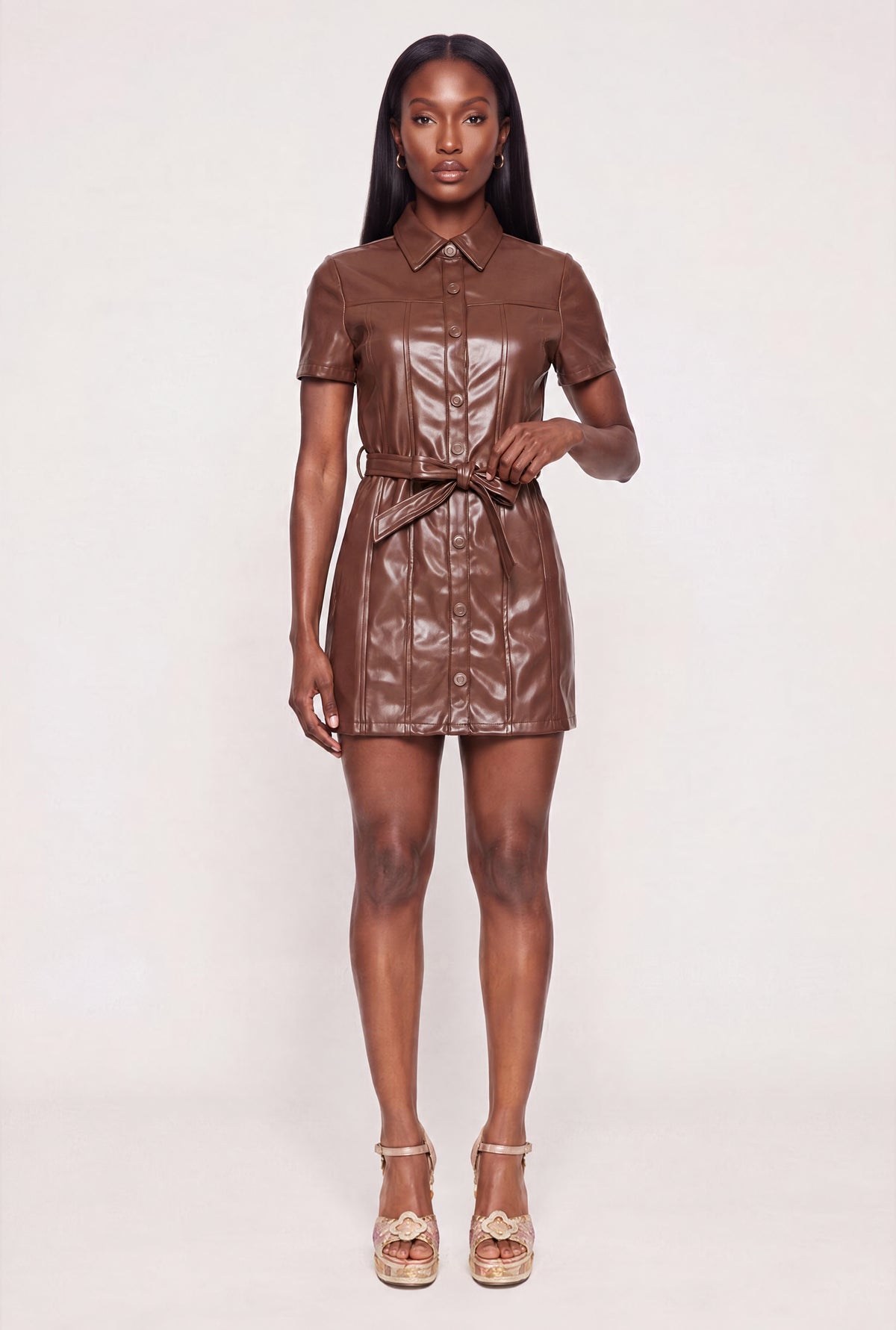 faux leather t shirt dress Tie Waist Belted Mini minimalist