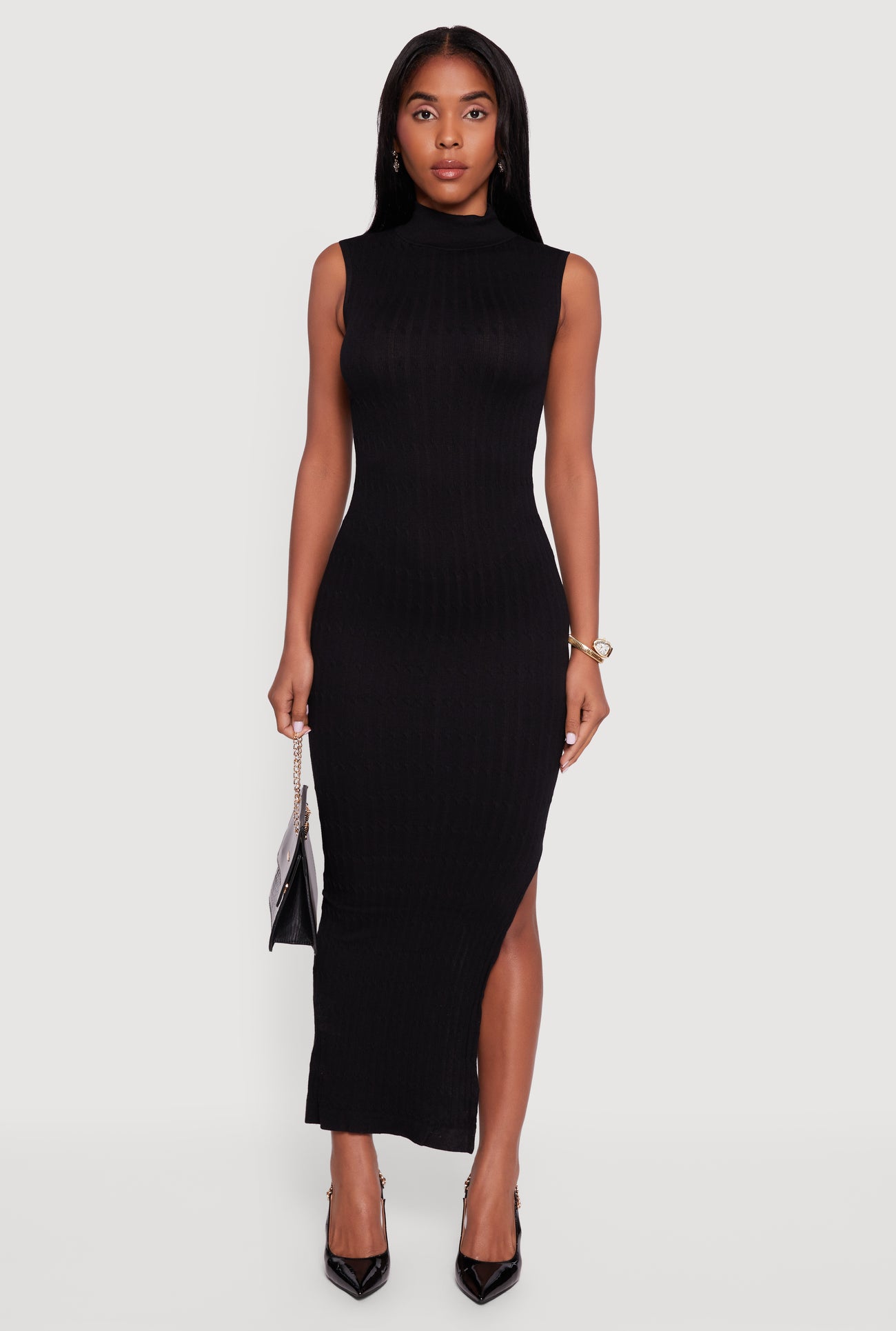 Side Slit Sleeveless Mock Neck Sweater Dress