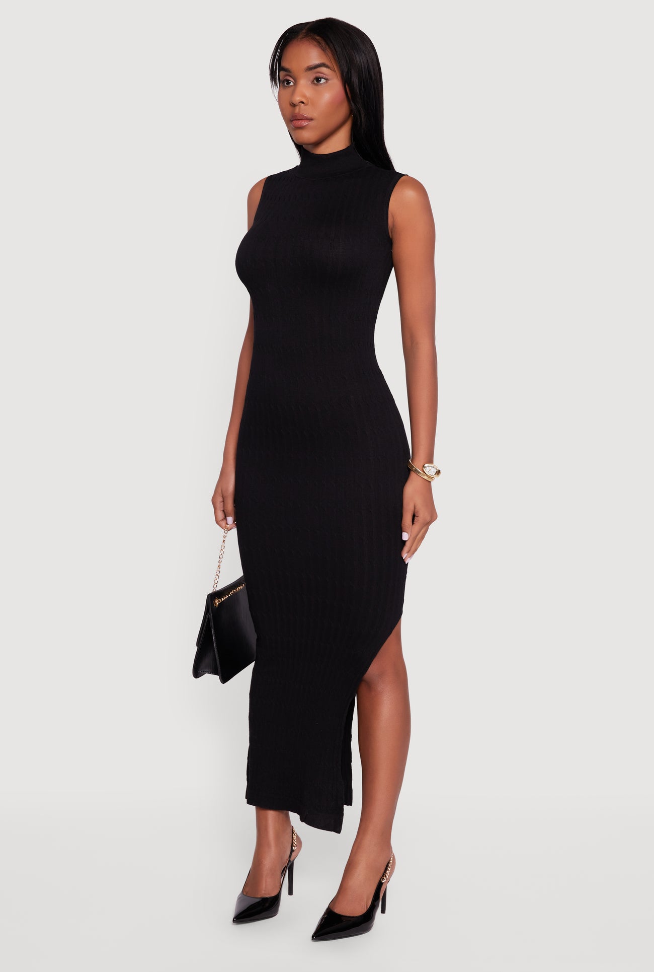 Side Slit Sleeveless Mock Neck Sweater Dress