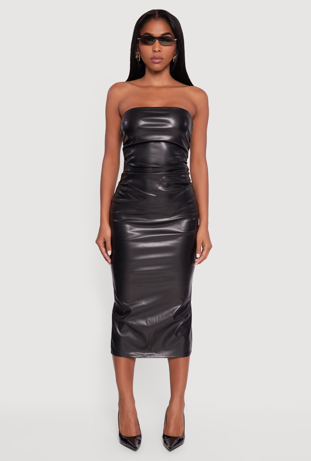 Faux Leather Side Ruched Tube Midi Dress