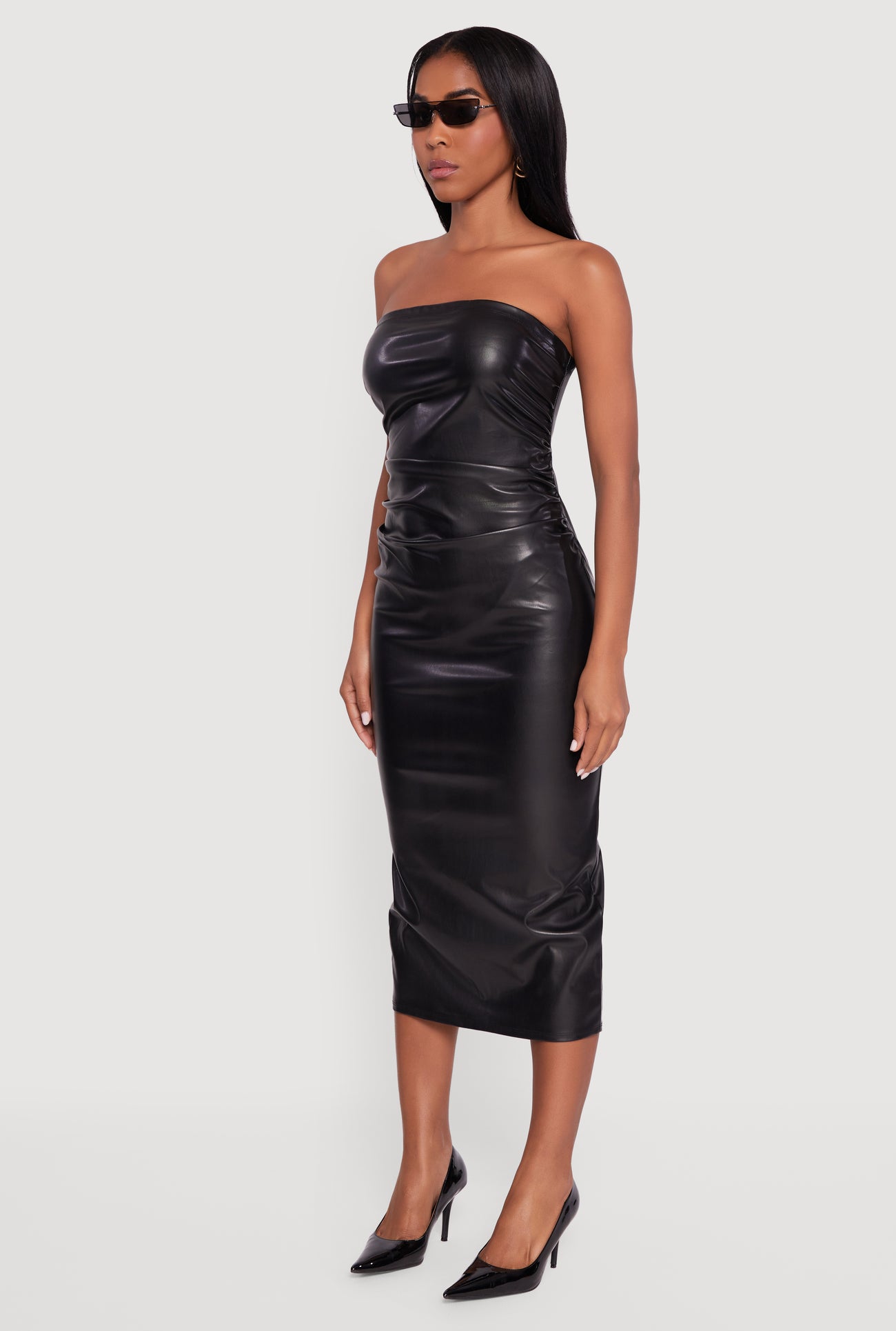 Faux Leather Side Ruched Tube Midi Dress